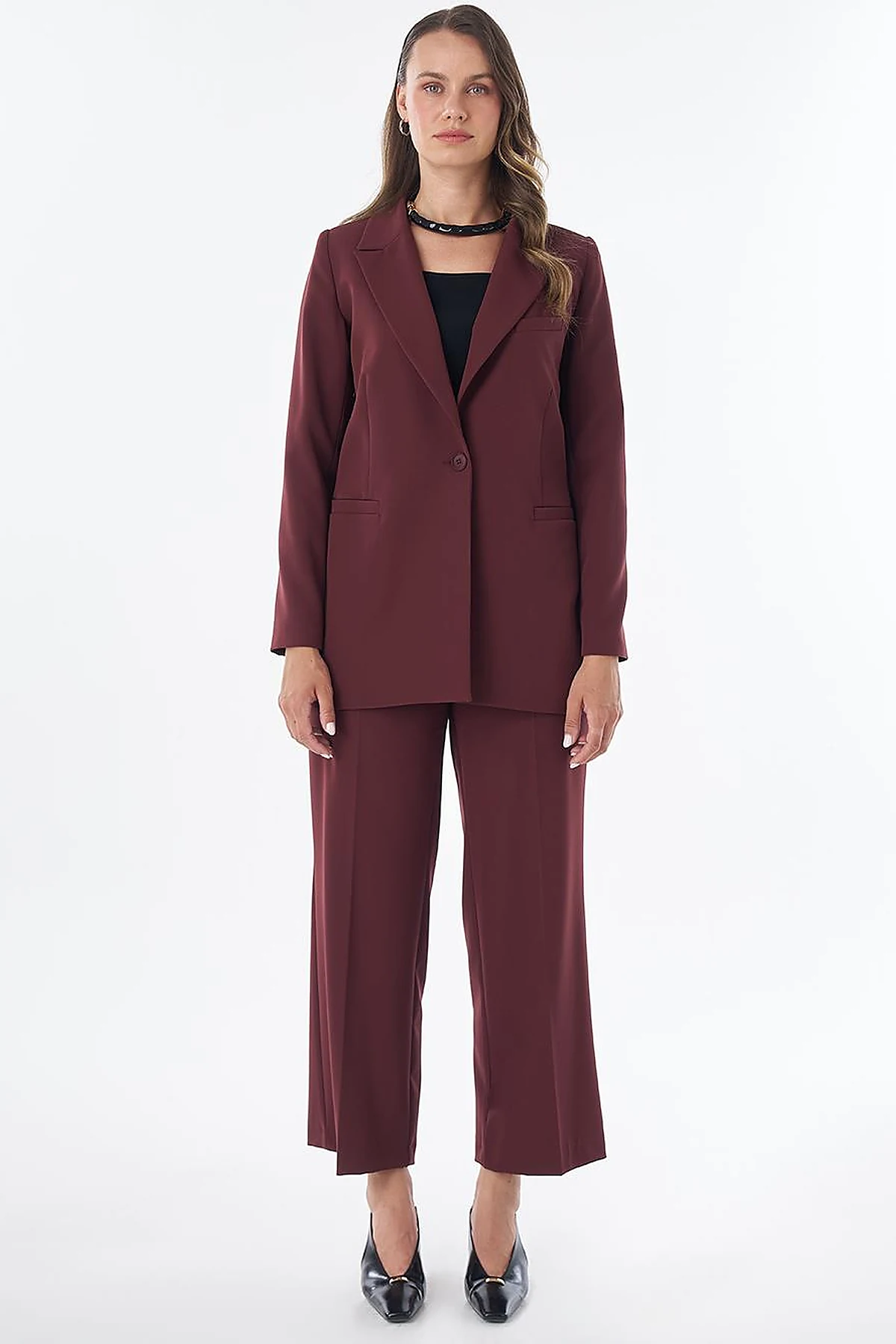 Single-Button Basic Blazer - Burgundy