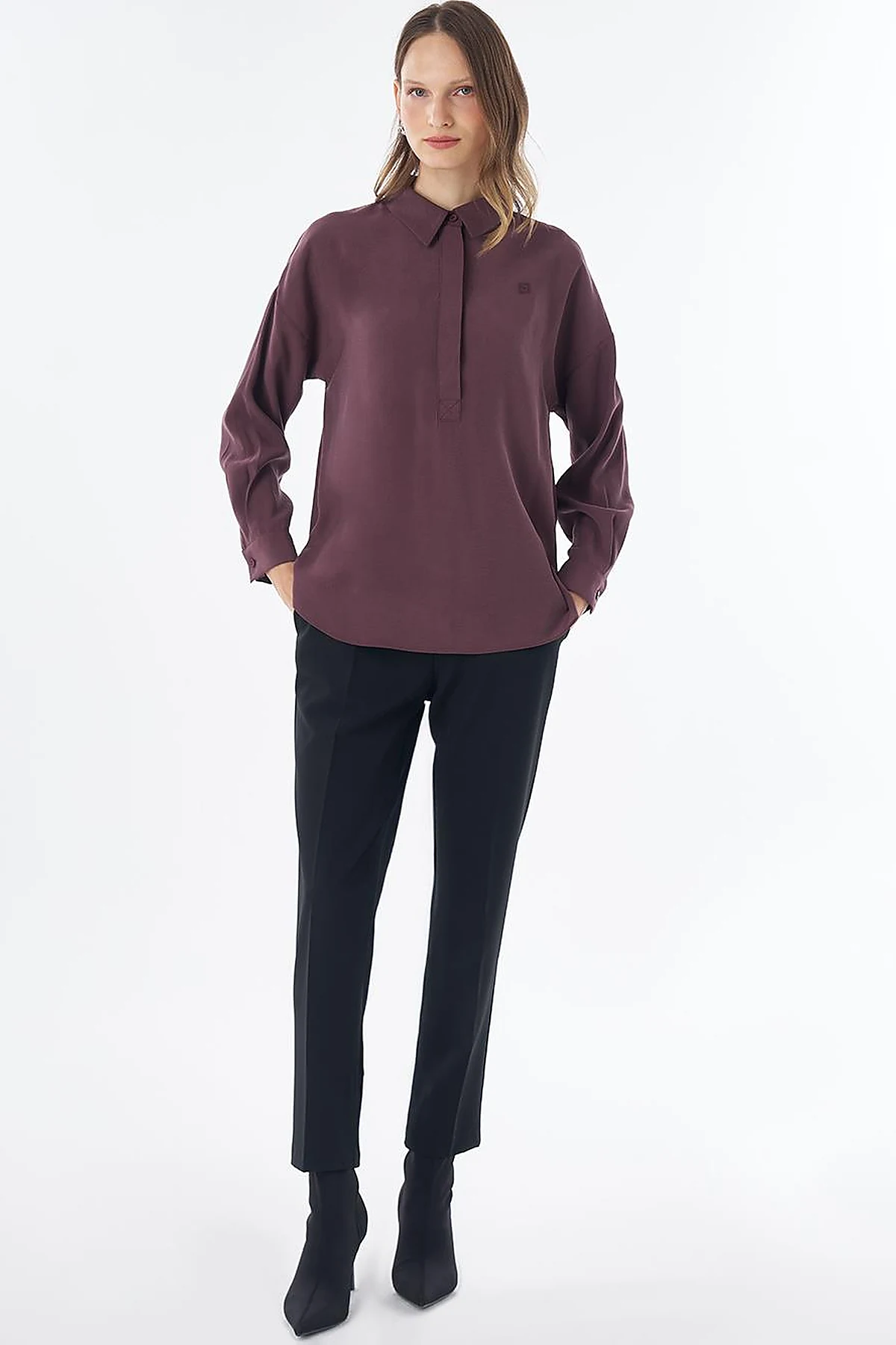 Half Placket Basic Blouse - Burgundy
