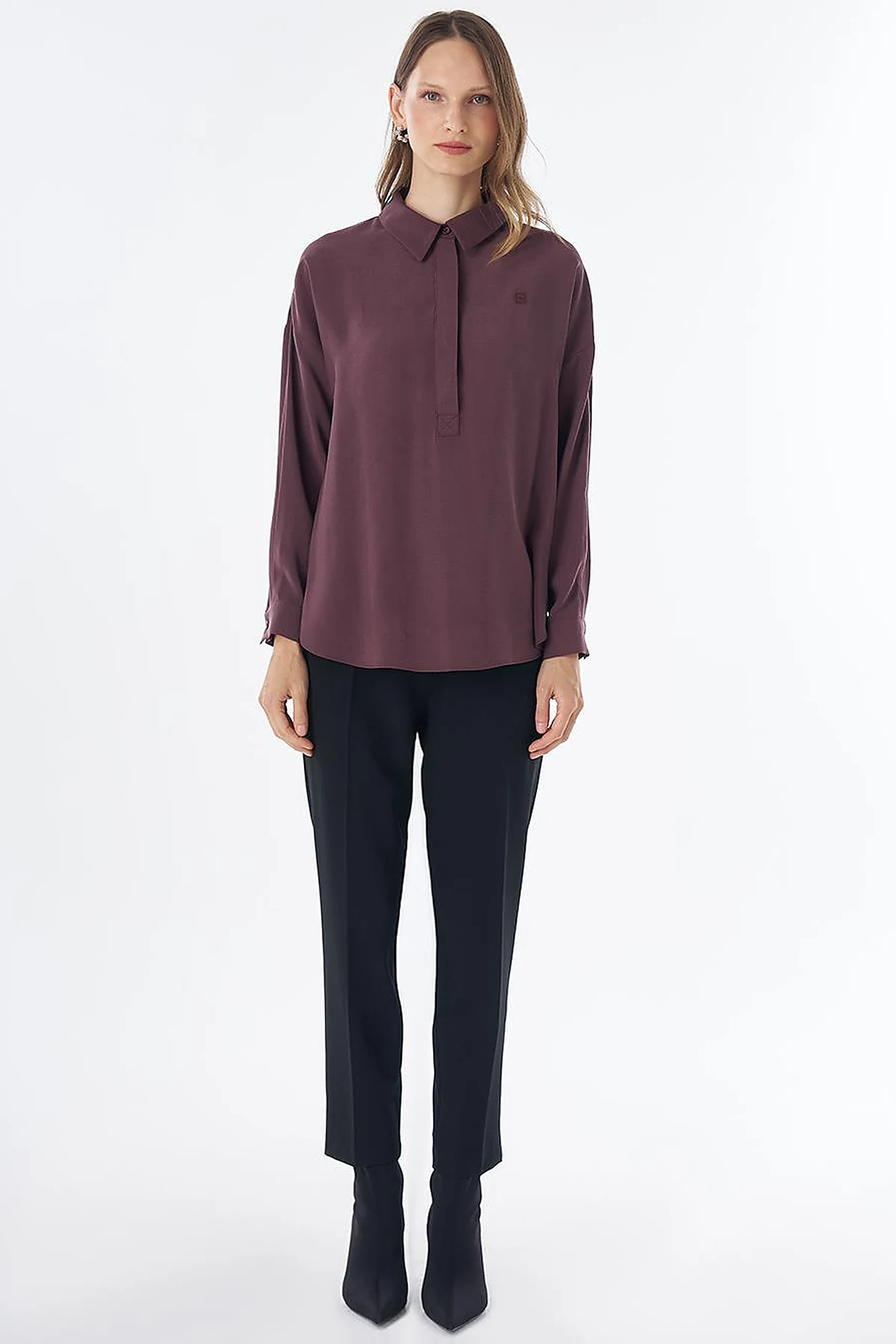 Half Placket Basic Blouse - Burgundy