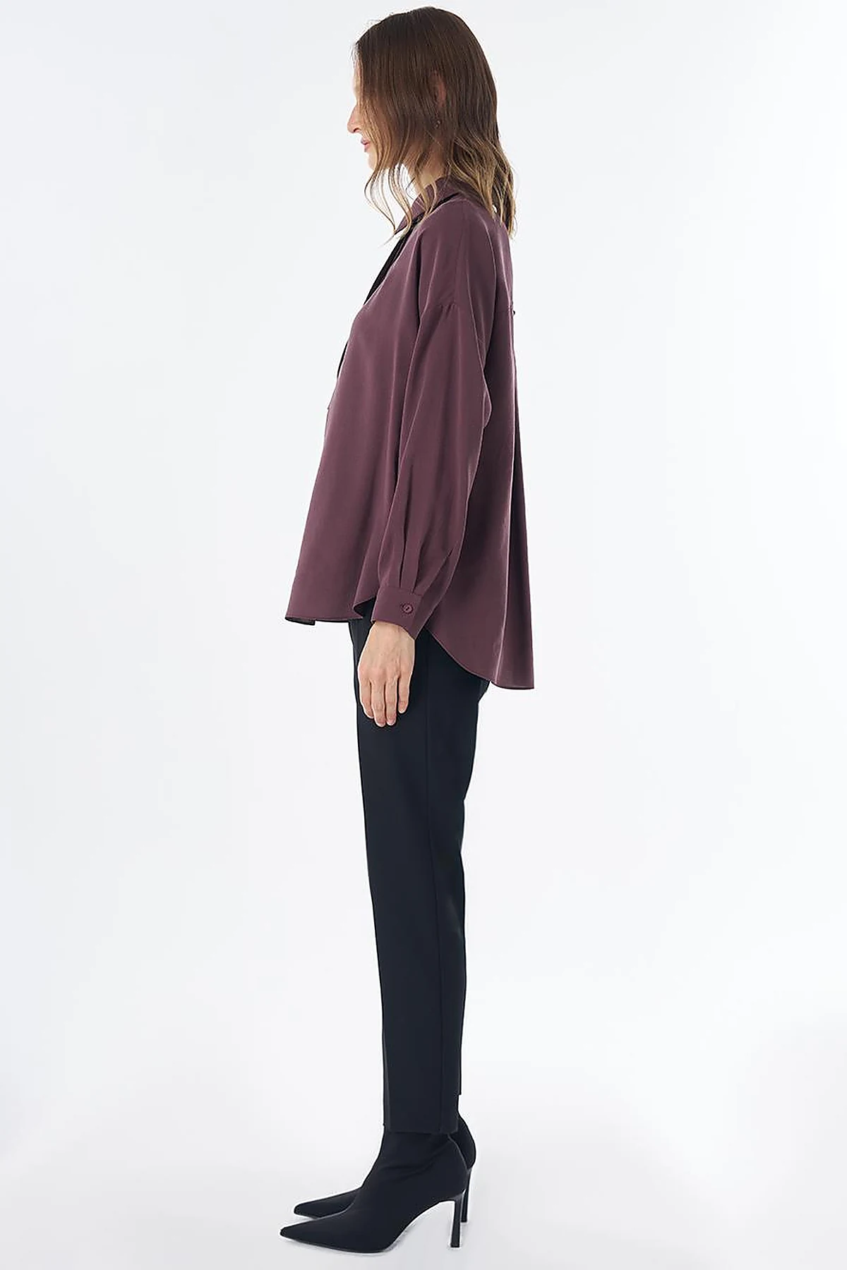 Half Placket Basic Blouse - Burgundy