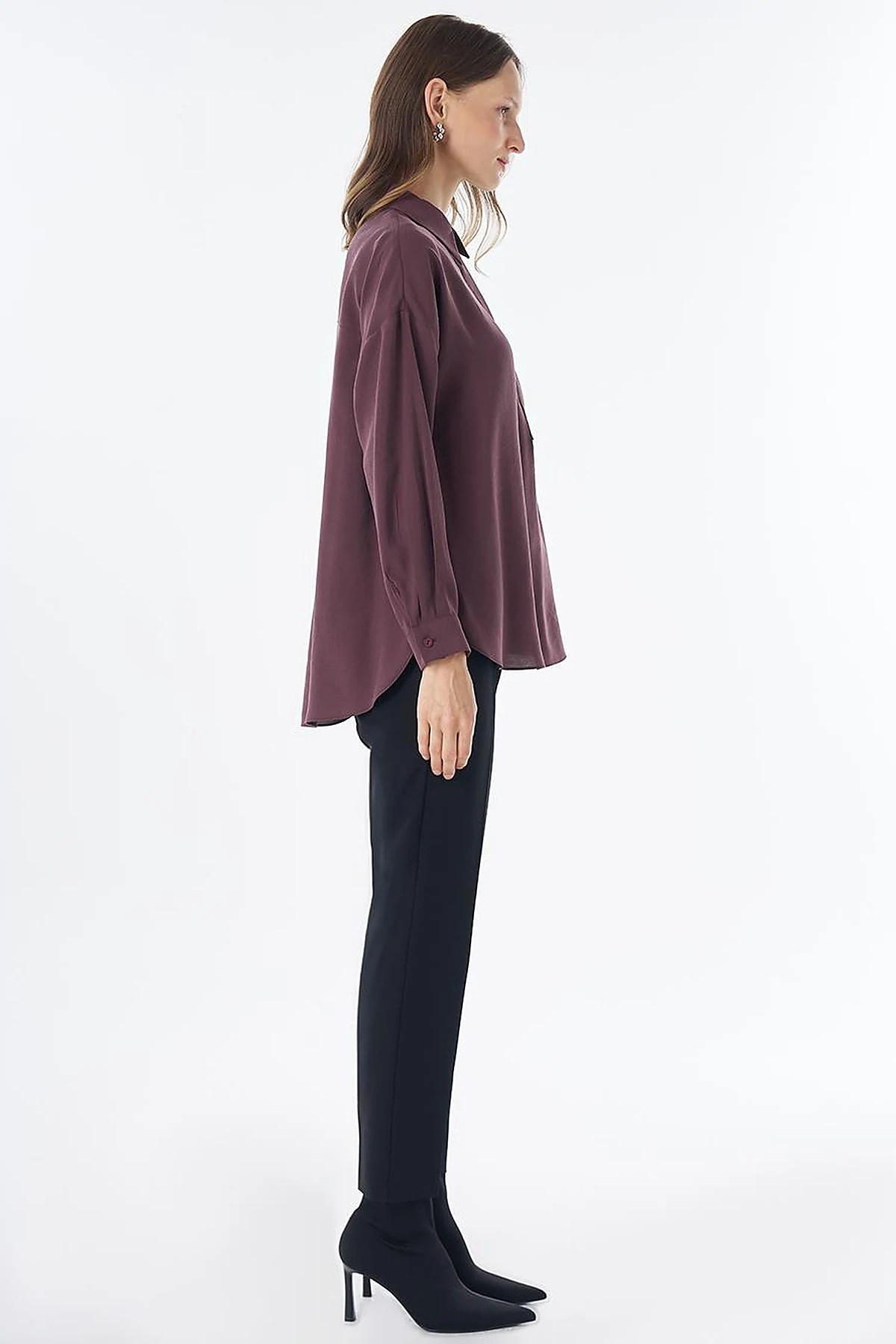Half Placket Basic Blouse - Burgundy
