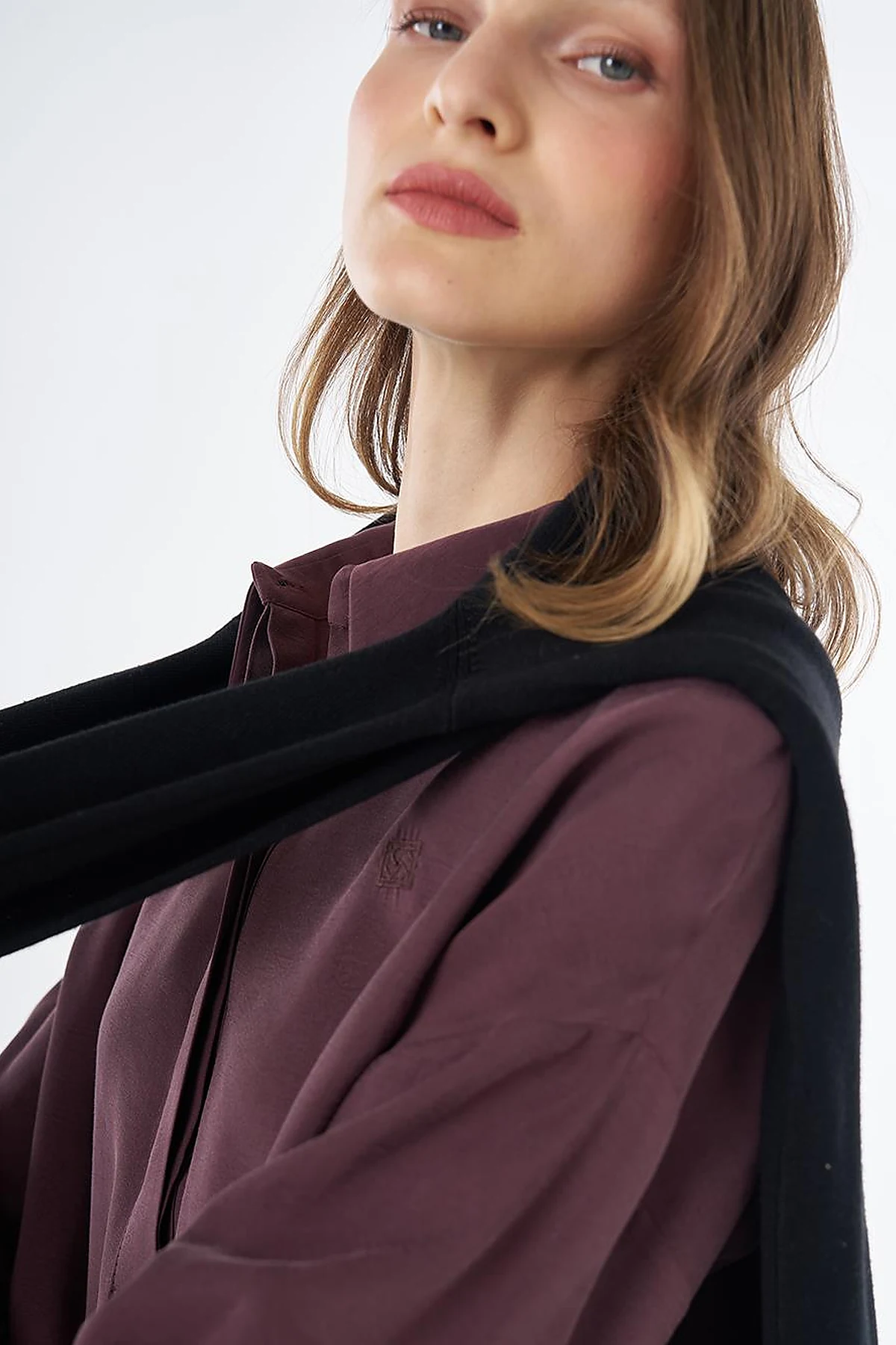 Half Placket Basic Blouse - Burgundy