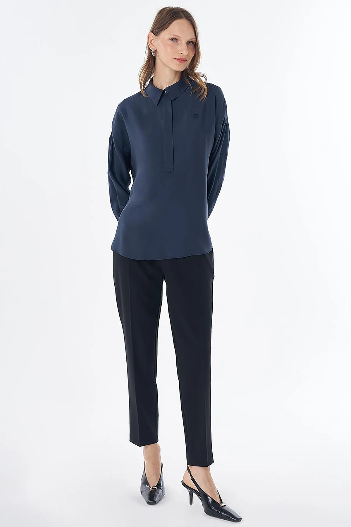 Half Placket Basic Blouse - Navy