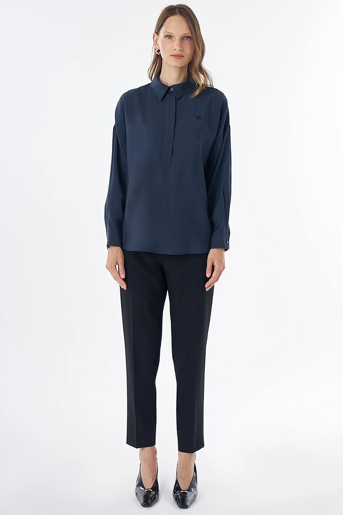 Half Placket Basic Blouse - Navy