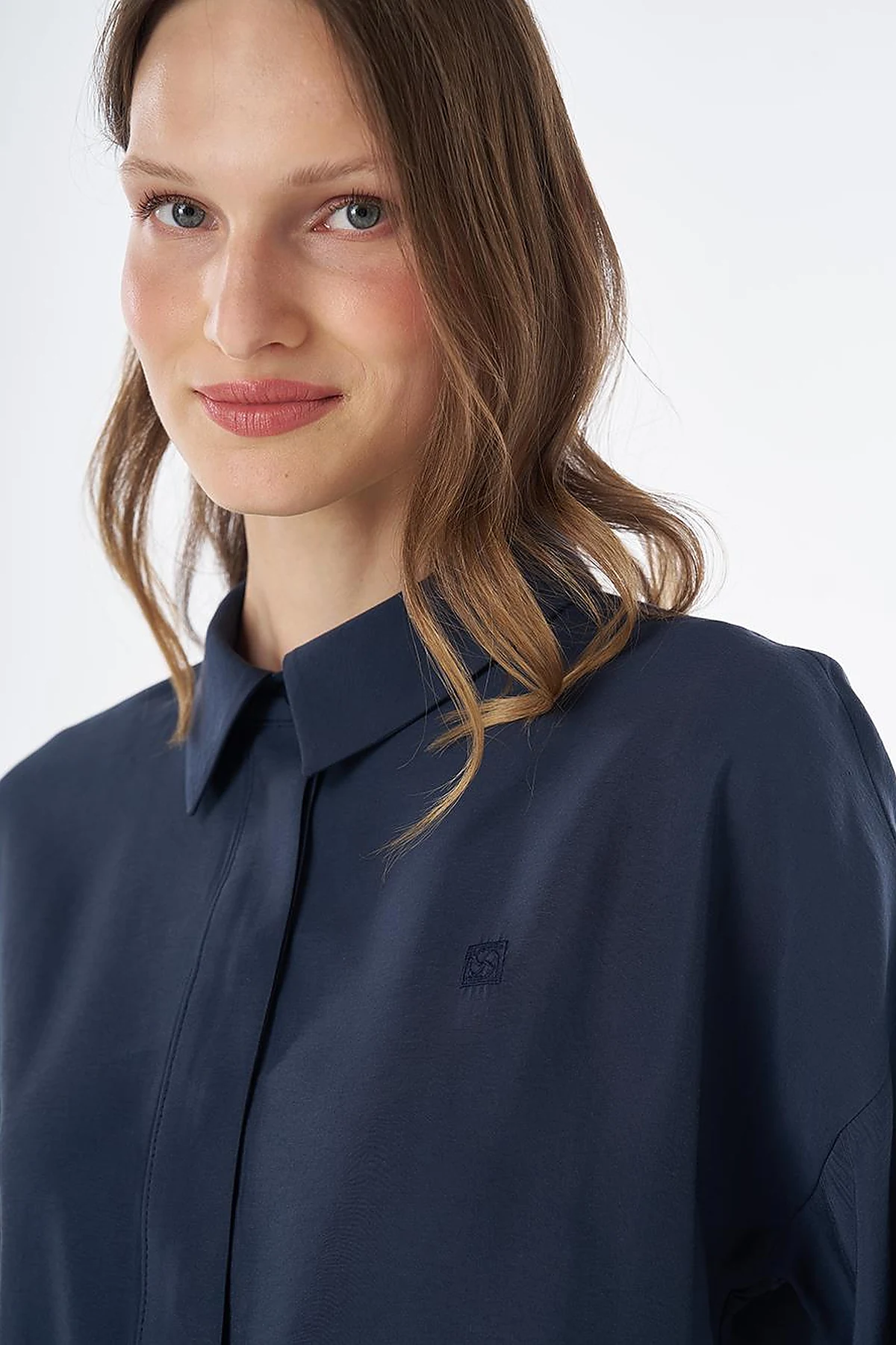 Half Placket Basic Blouse - Navy