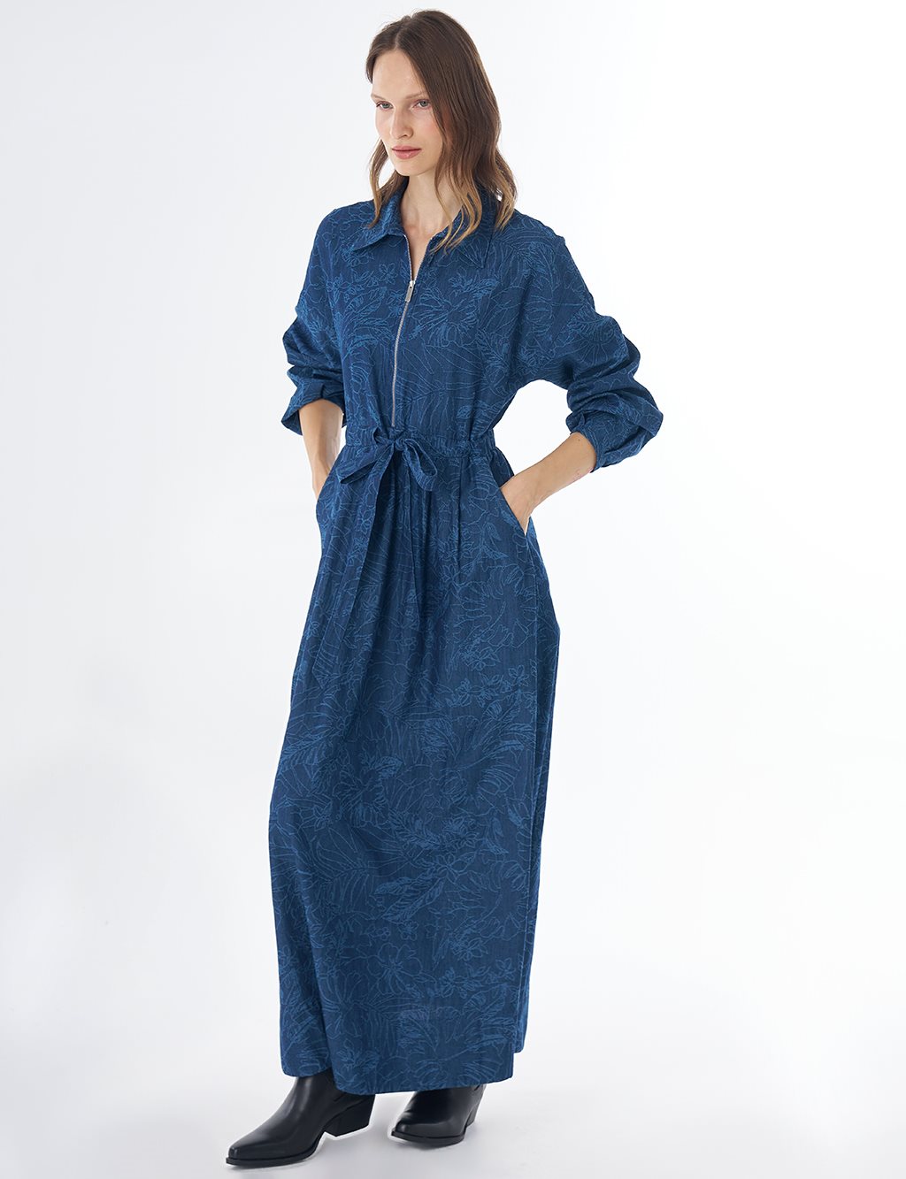 Desenli Denim Elbise İndigo