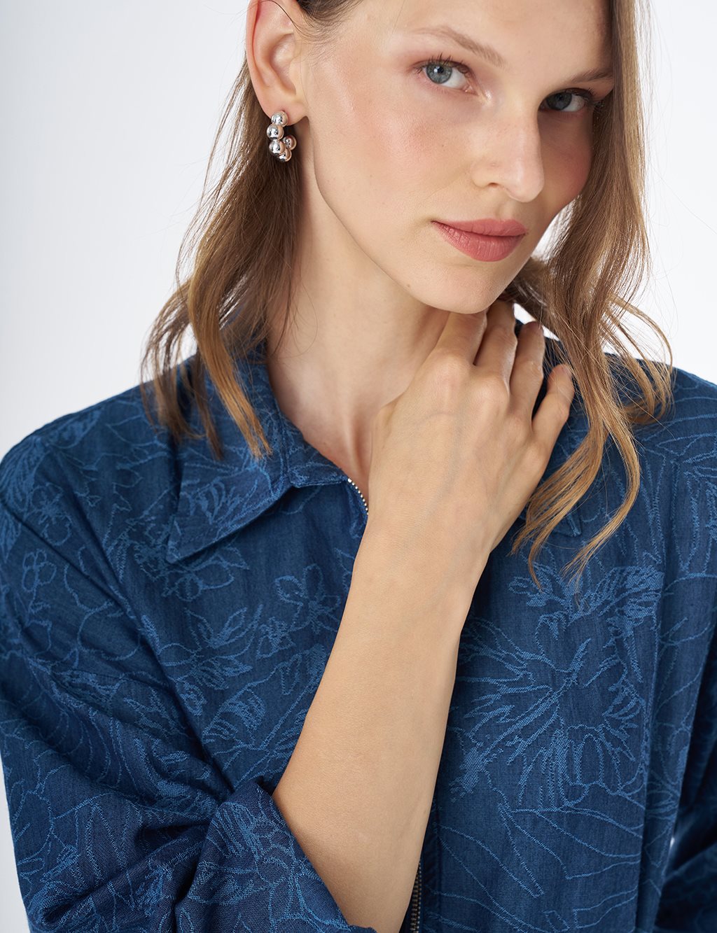 Desenli Denim Elbise İndigo