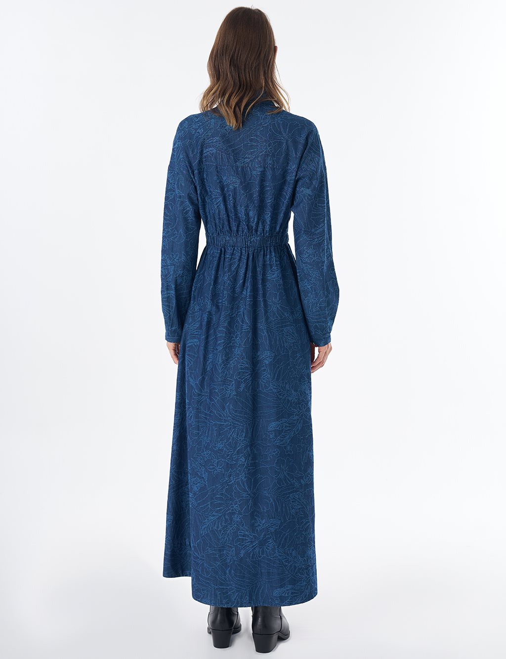 Desenli Denim Elbise İndigo