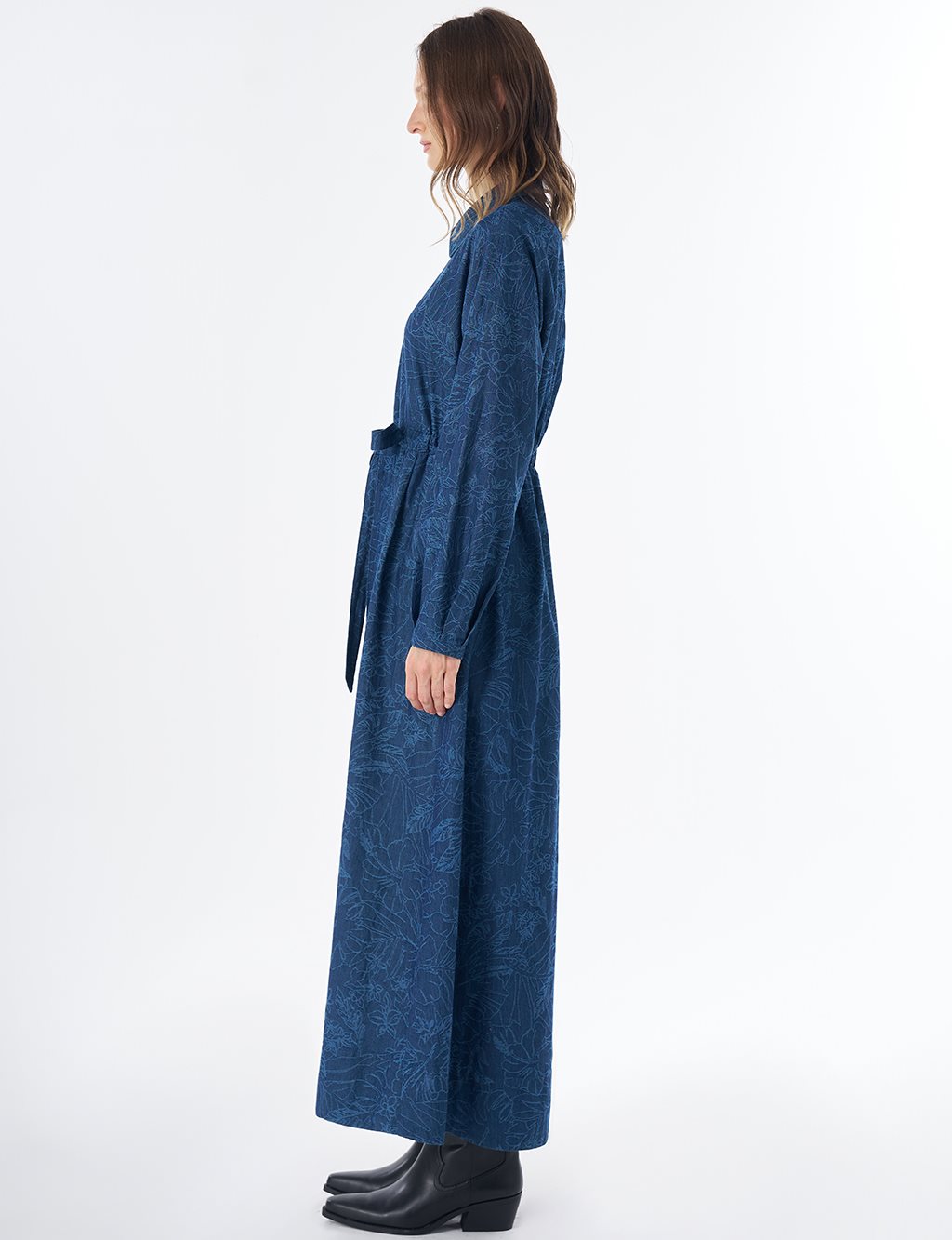 Desenli Denim Elbise İndigo