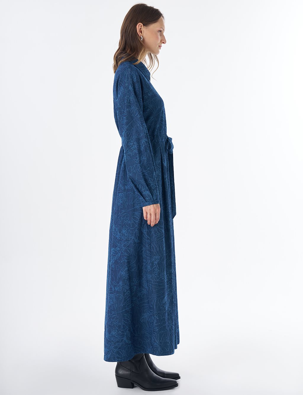 Desenli Denim Elbise İndigo