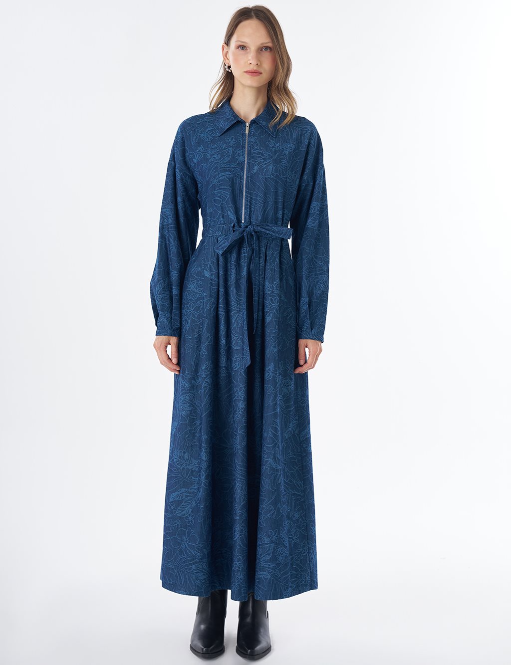 Desenli Denim Elbise İndigo