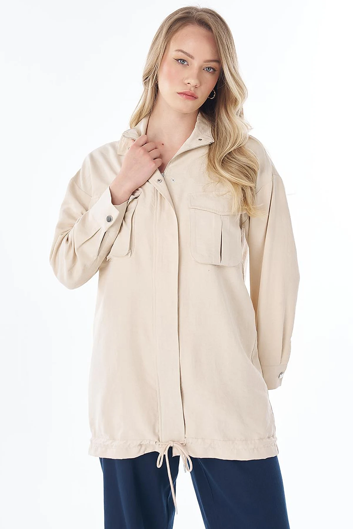 Double Pocket Stand Collar Jacket in Cream