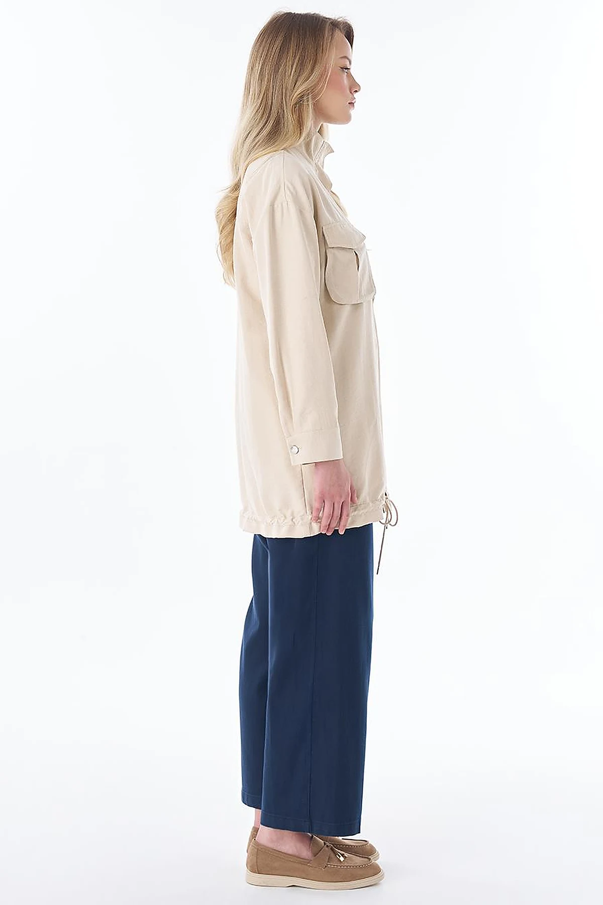 Double Pocket Stand Collar Jacket in Cream
