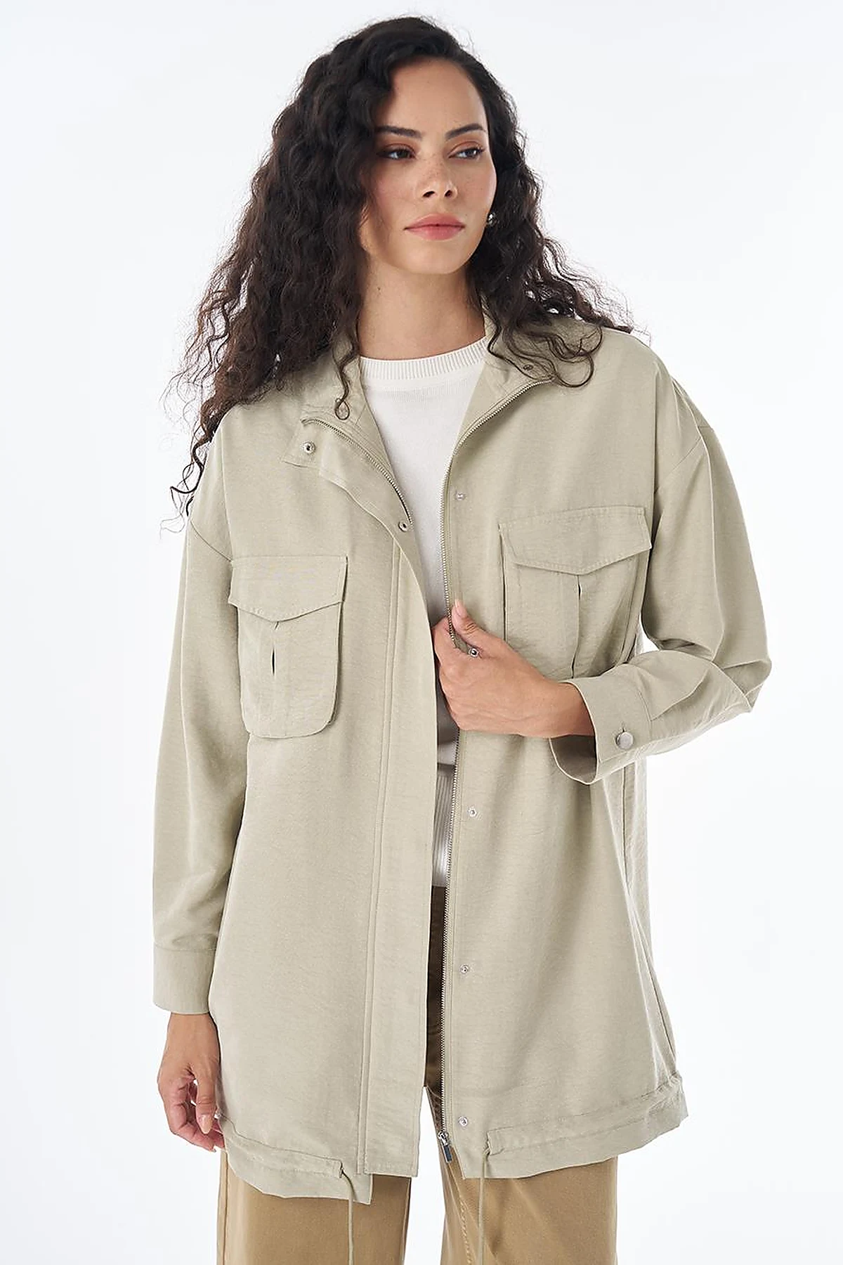 Double Pocket Stand Collar Jacket in Moss Green