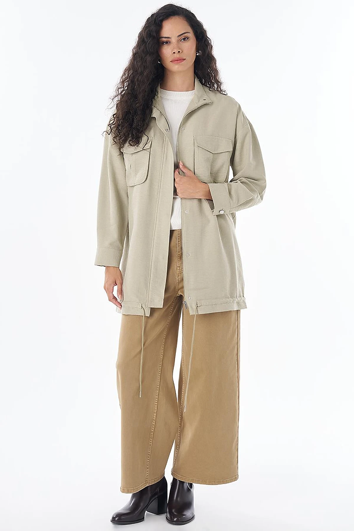 Double Pocket Stand Collar Jacket in Moss Green