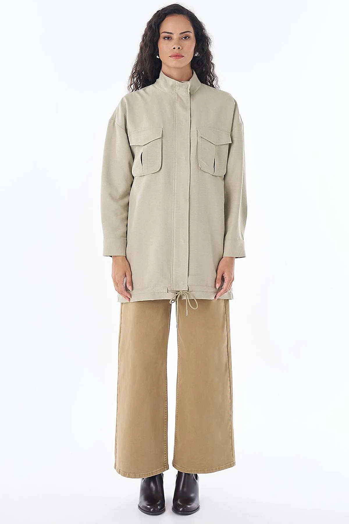 Double Pocket Stand Collar Jacket in Moss Green
