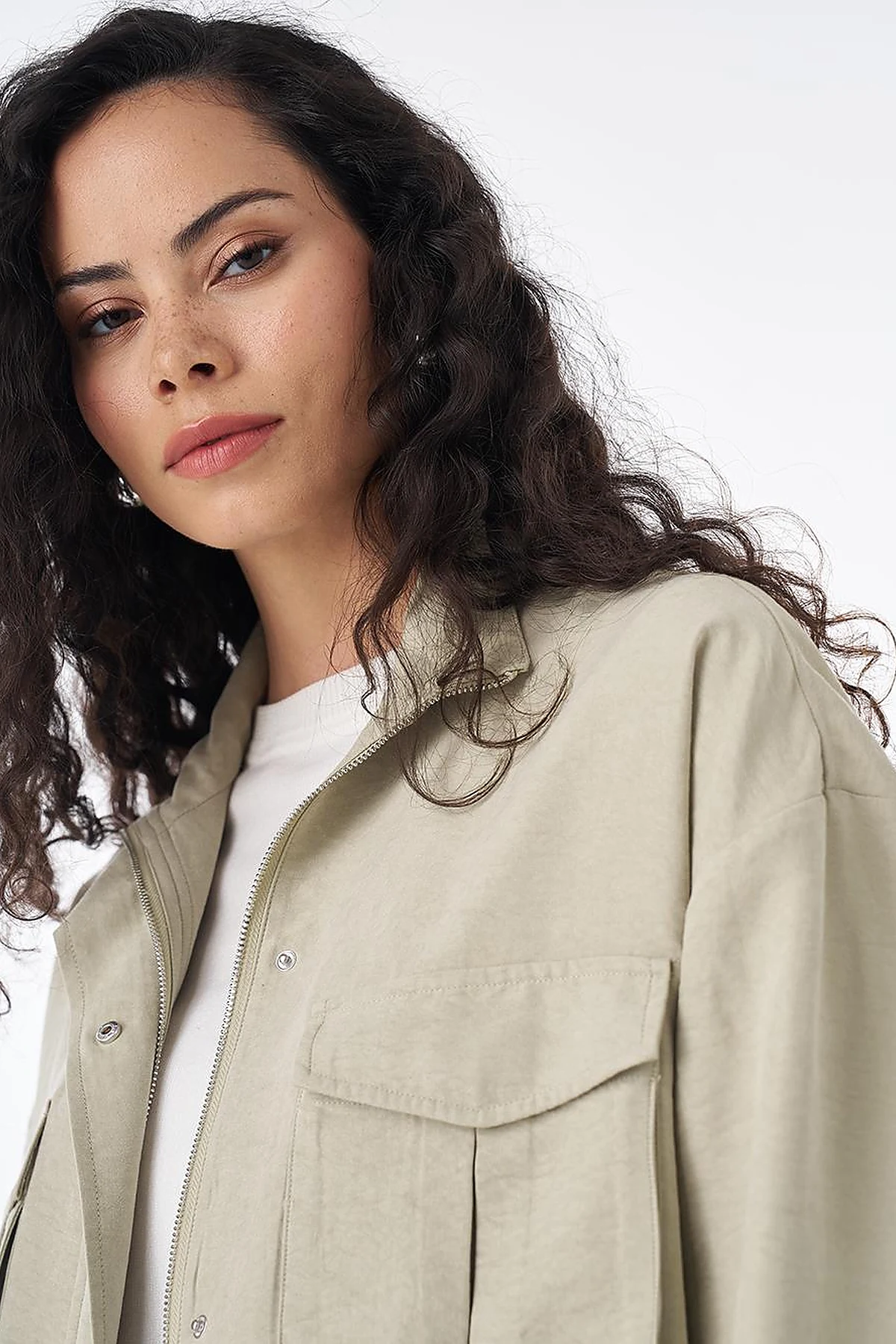 Double Pocket Stand Collar Jacket in Moss Green