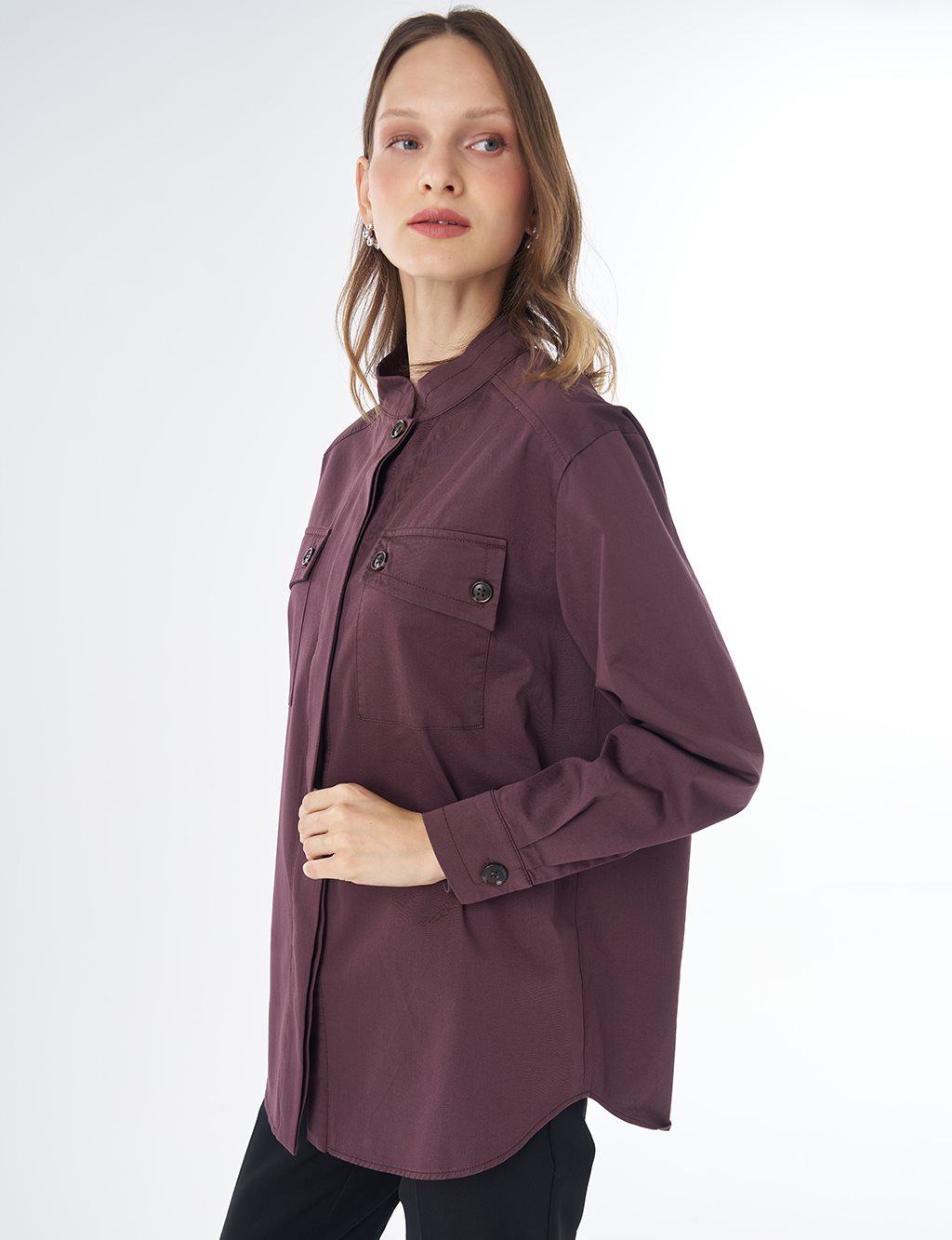 Band Collar Cotton Blouse Cocoa Powder