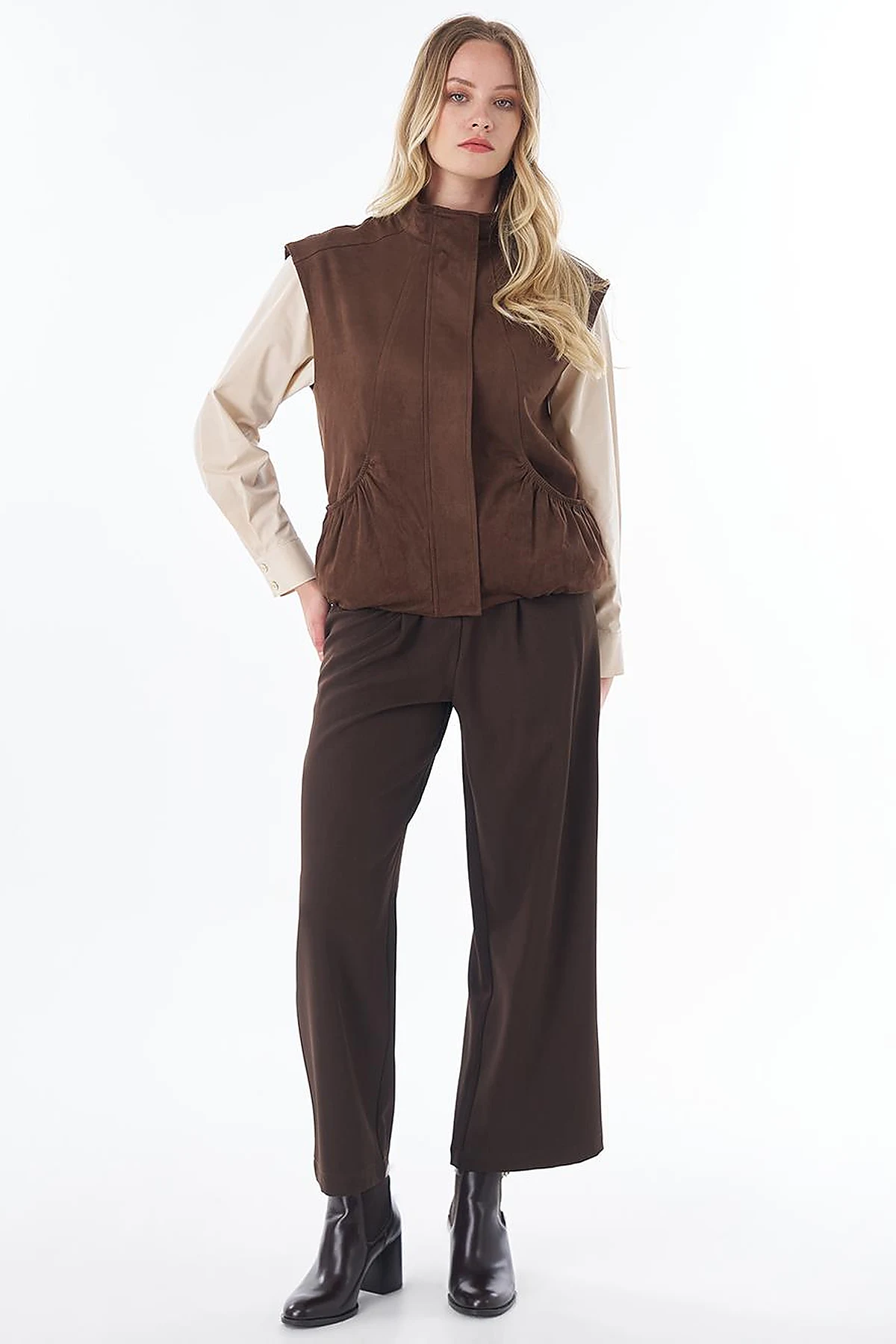 Stand Collar Suede Vest in Chocolate