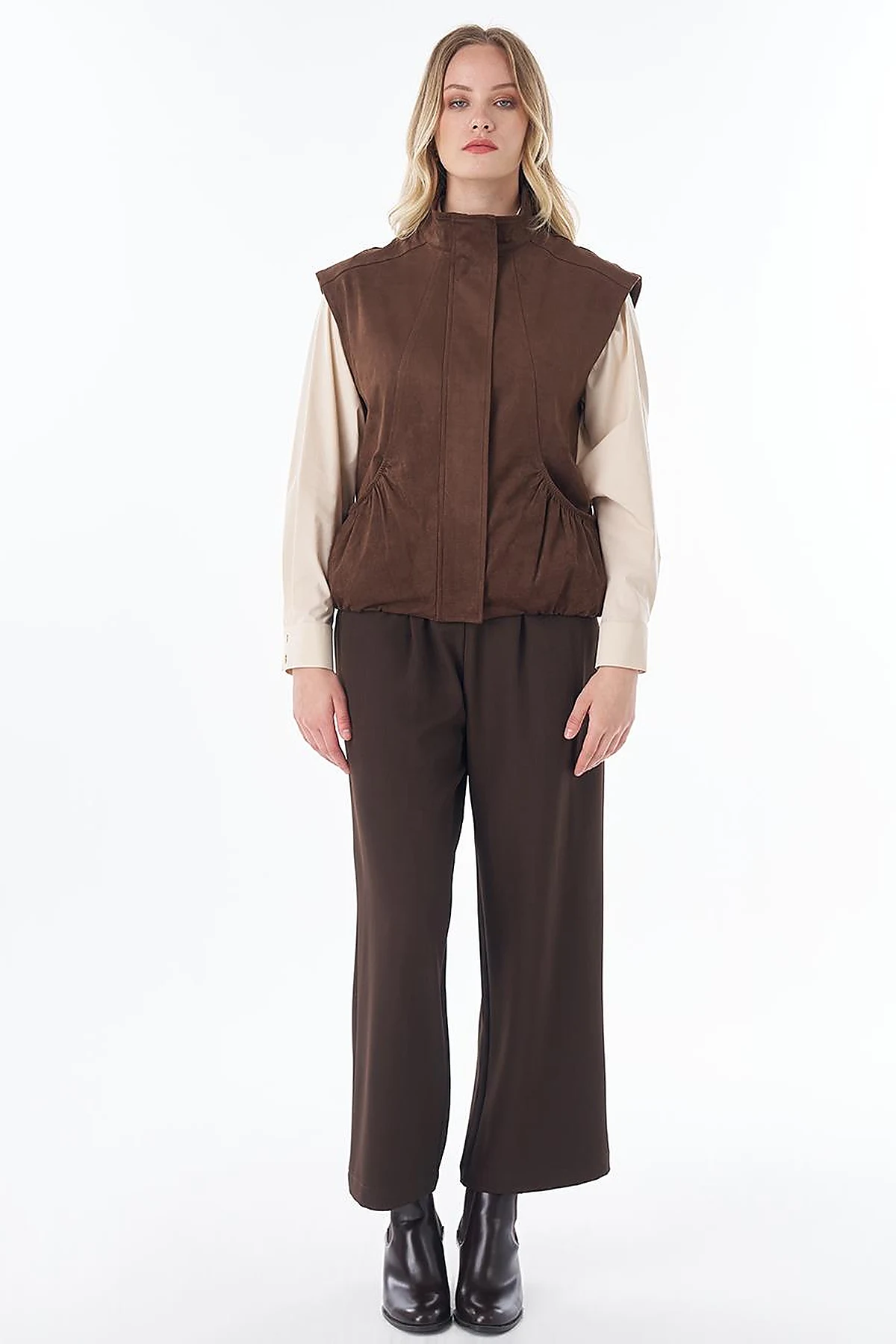Stand Collar Suede Vest in Chocolate