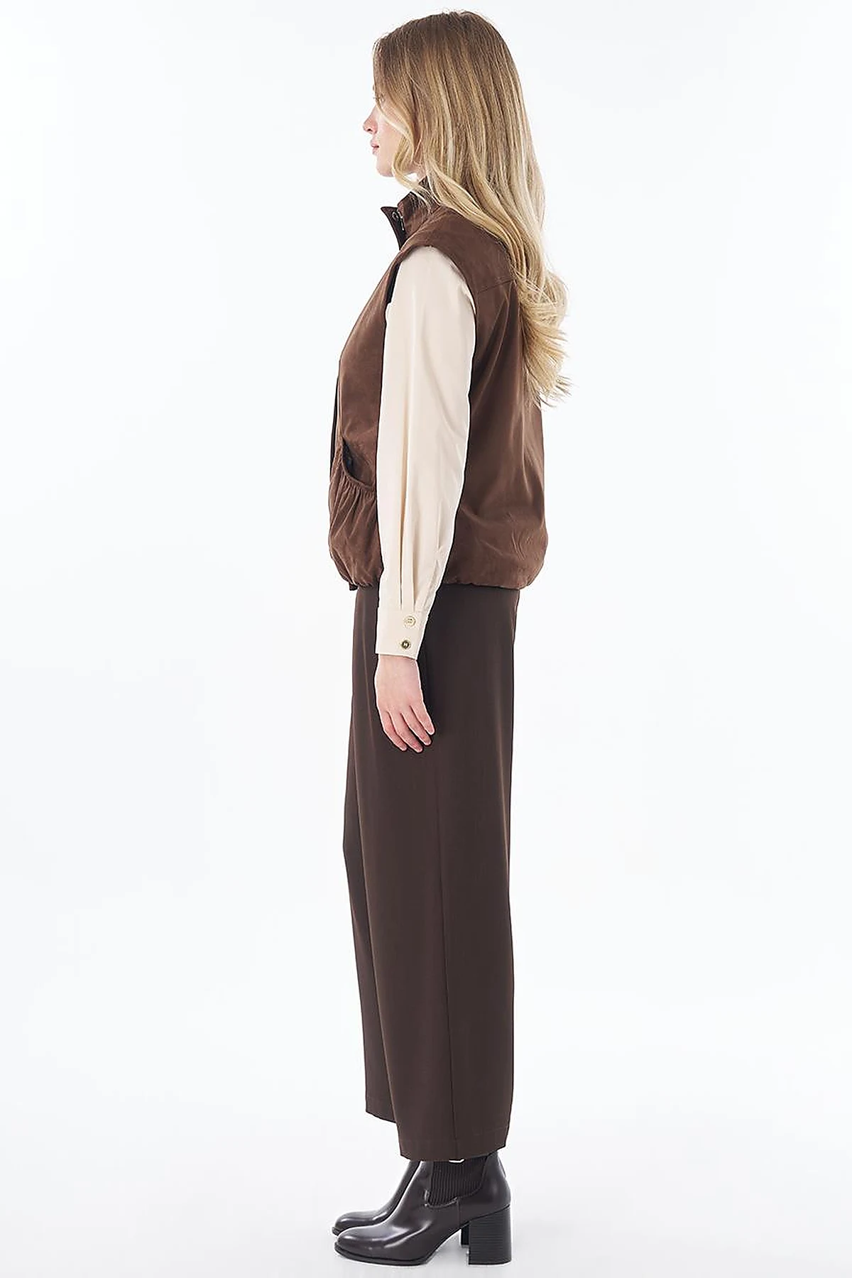 Stand Collar Suede Vest in Chocolate
