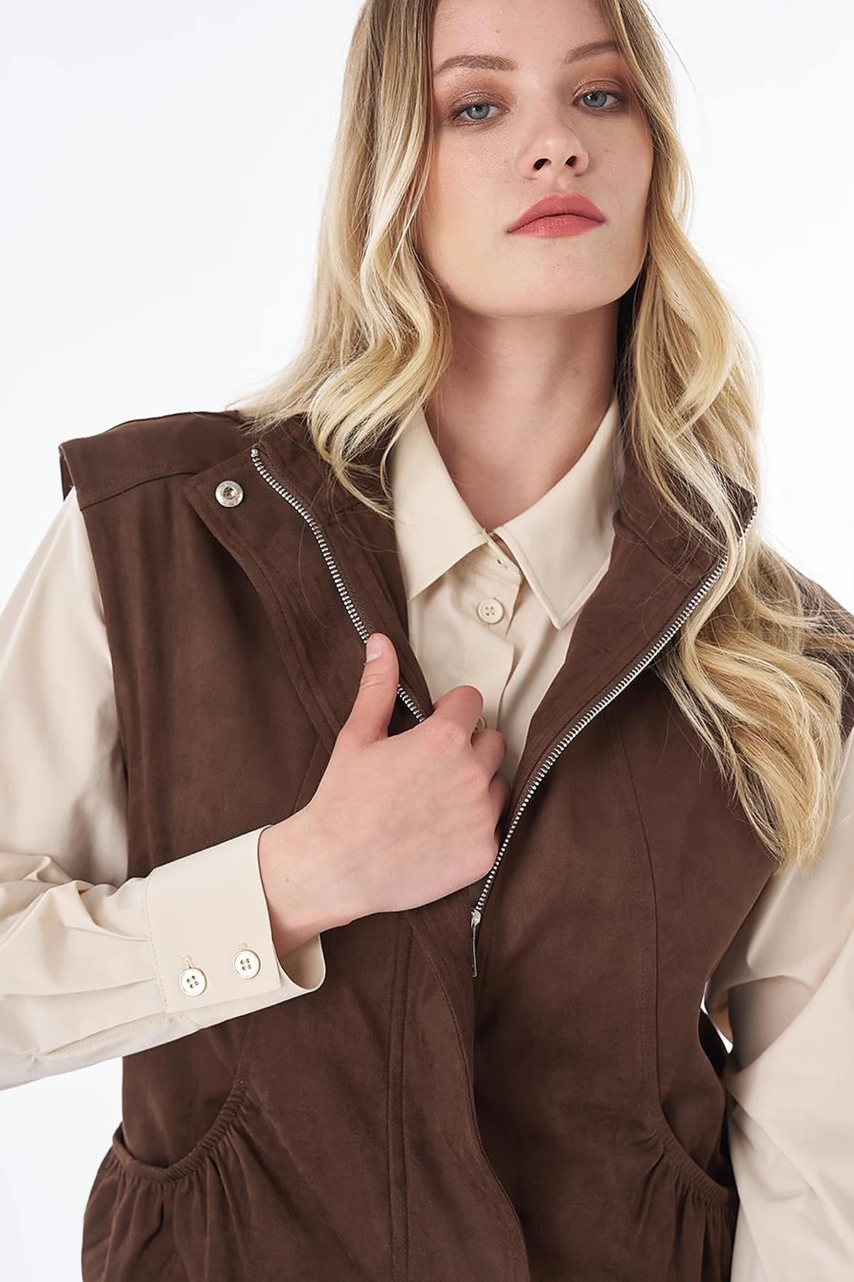 Stand Collar Suede Vest in Chocolate