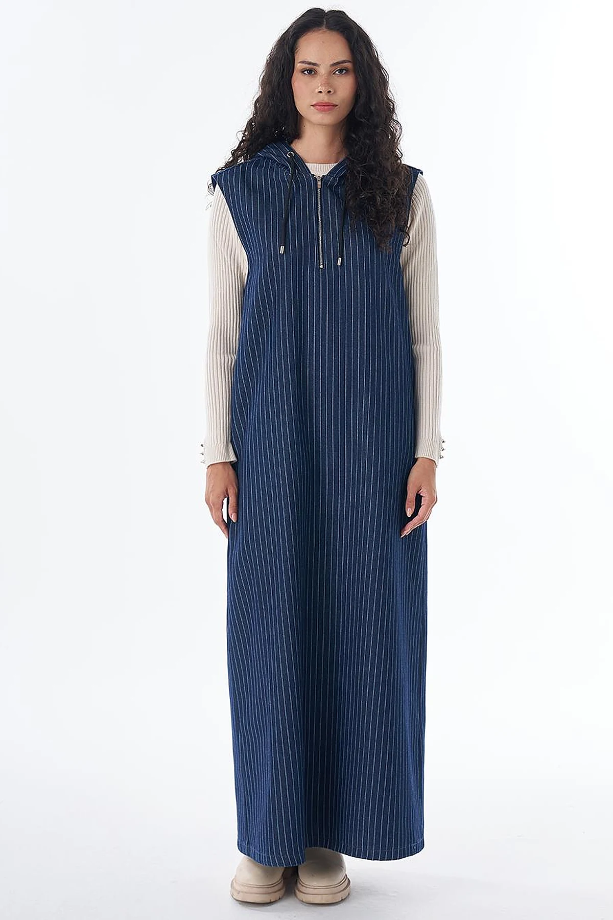 Zip-Front Striped Dress in Dark Navy