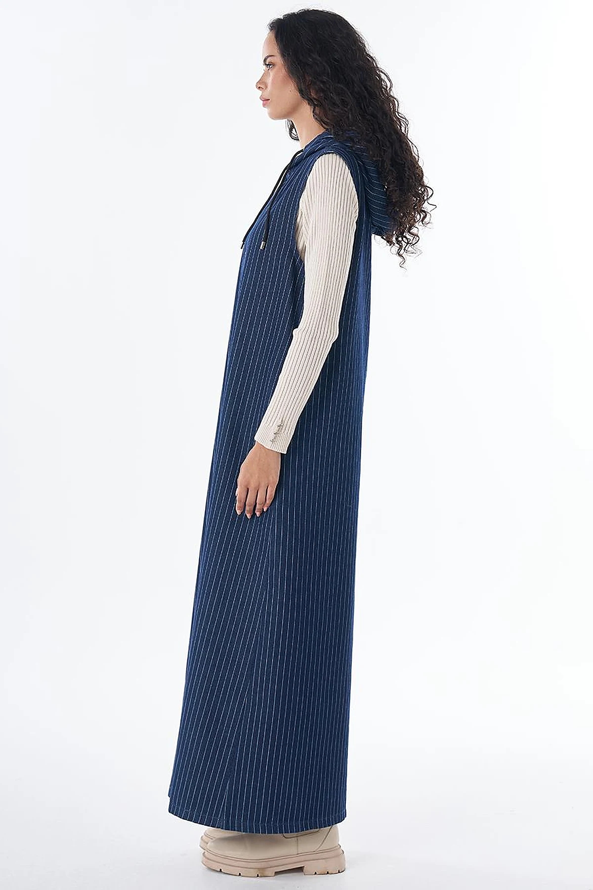 Zip-Front Striped Dress in Dark Navy