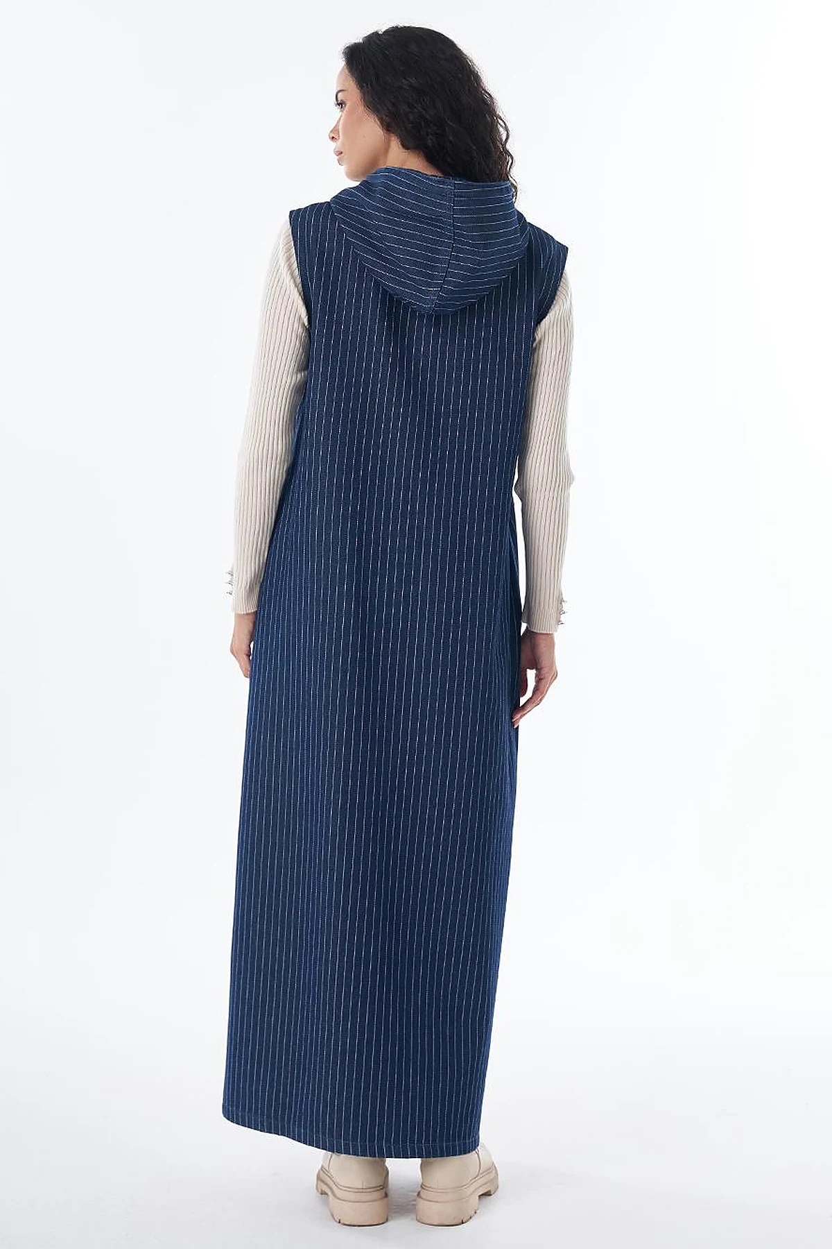 Zip-Front Striped Dress in Dark Navy