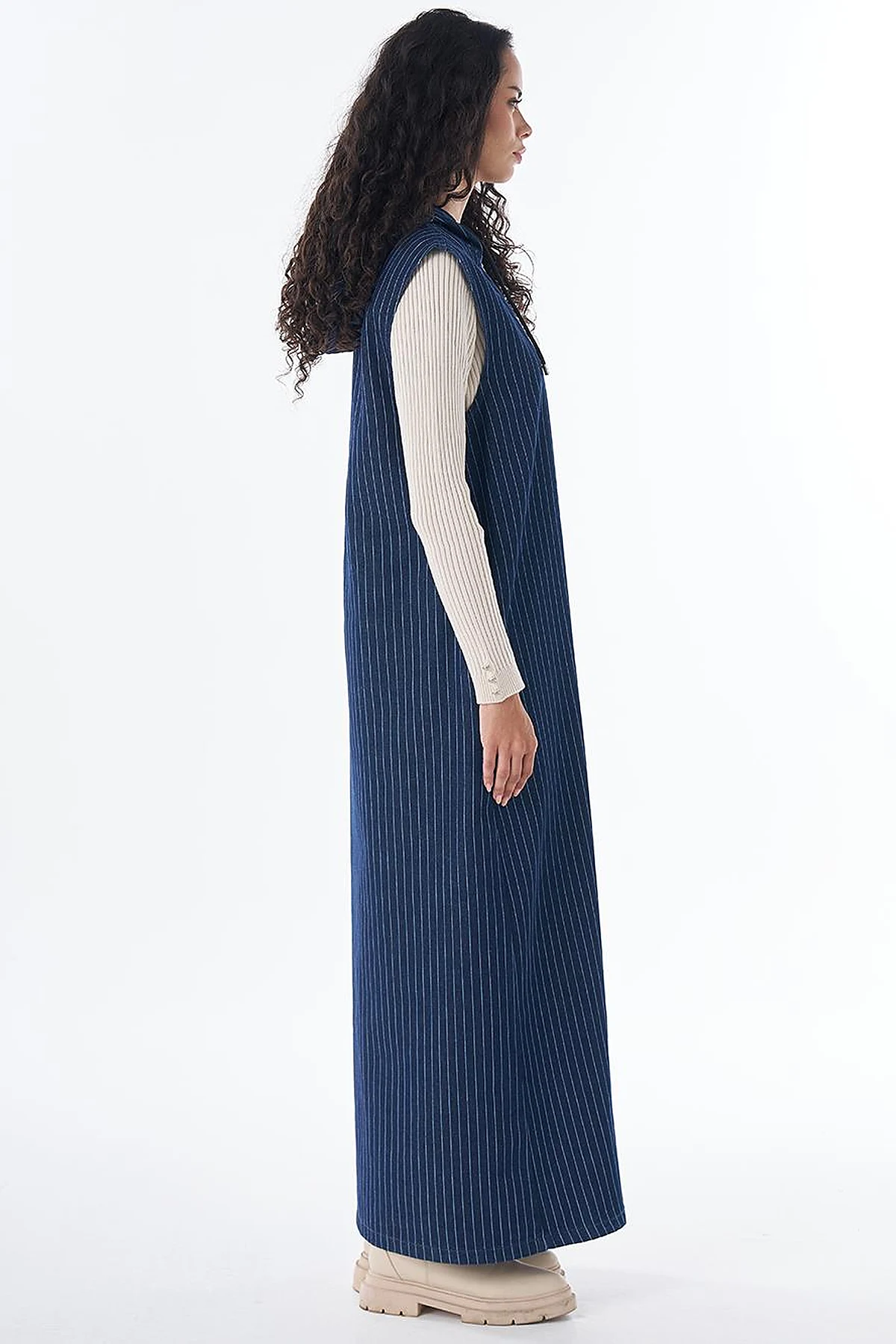 Zip-Front Striped Dress in Dark Navy