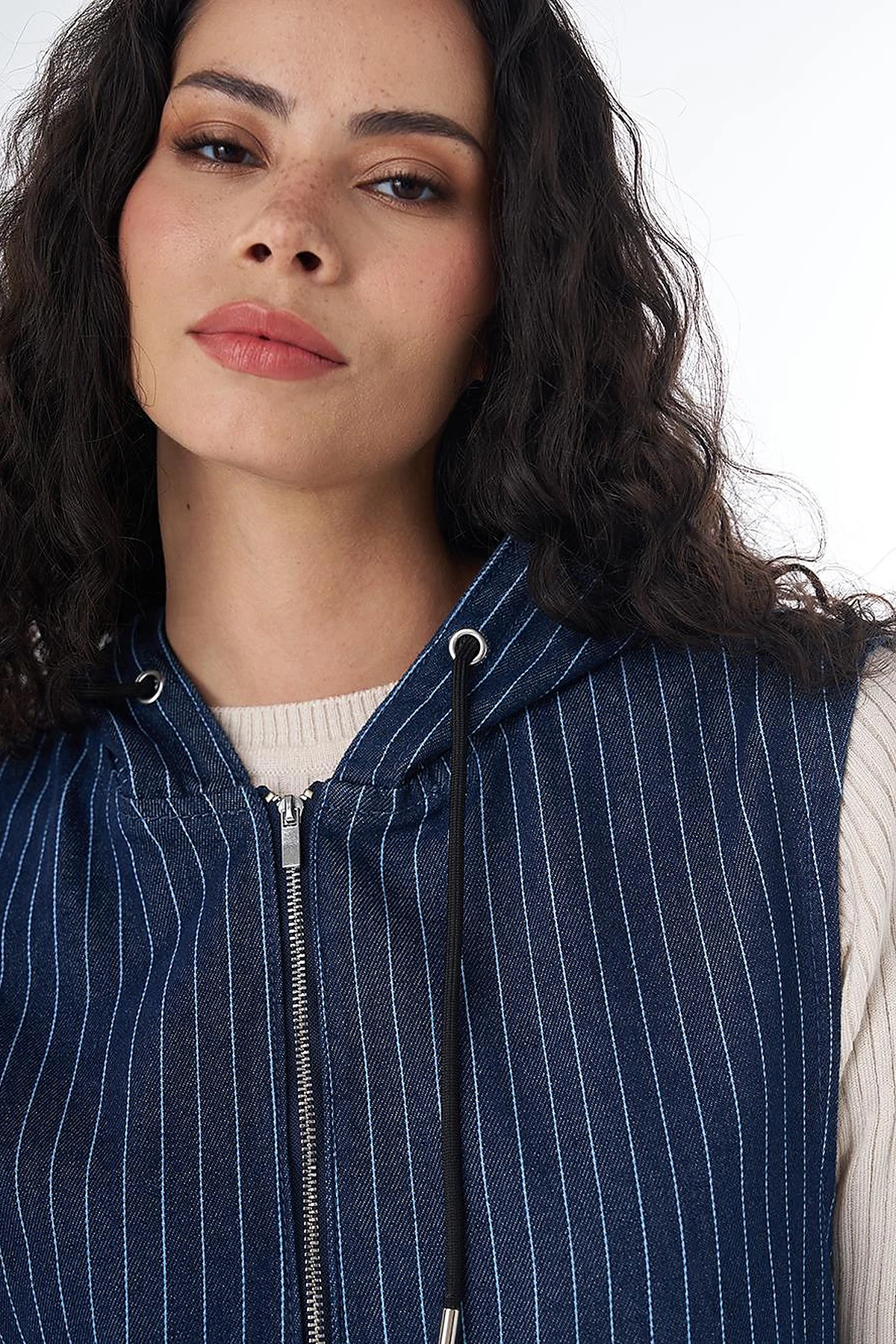 Zip-Front Striped Dress in Dark Navy