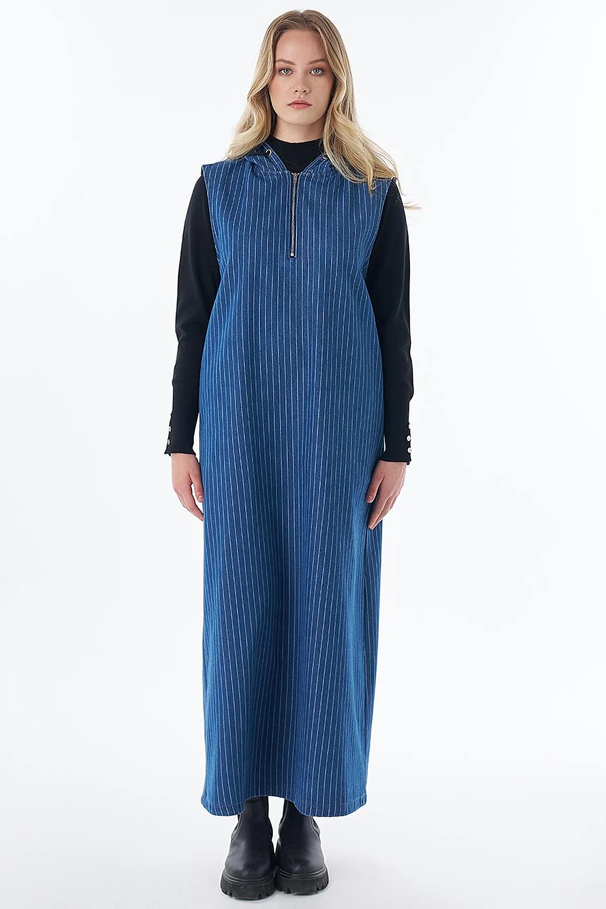 Zip-Front Striped Dress in Navy