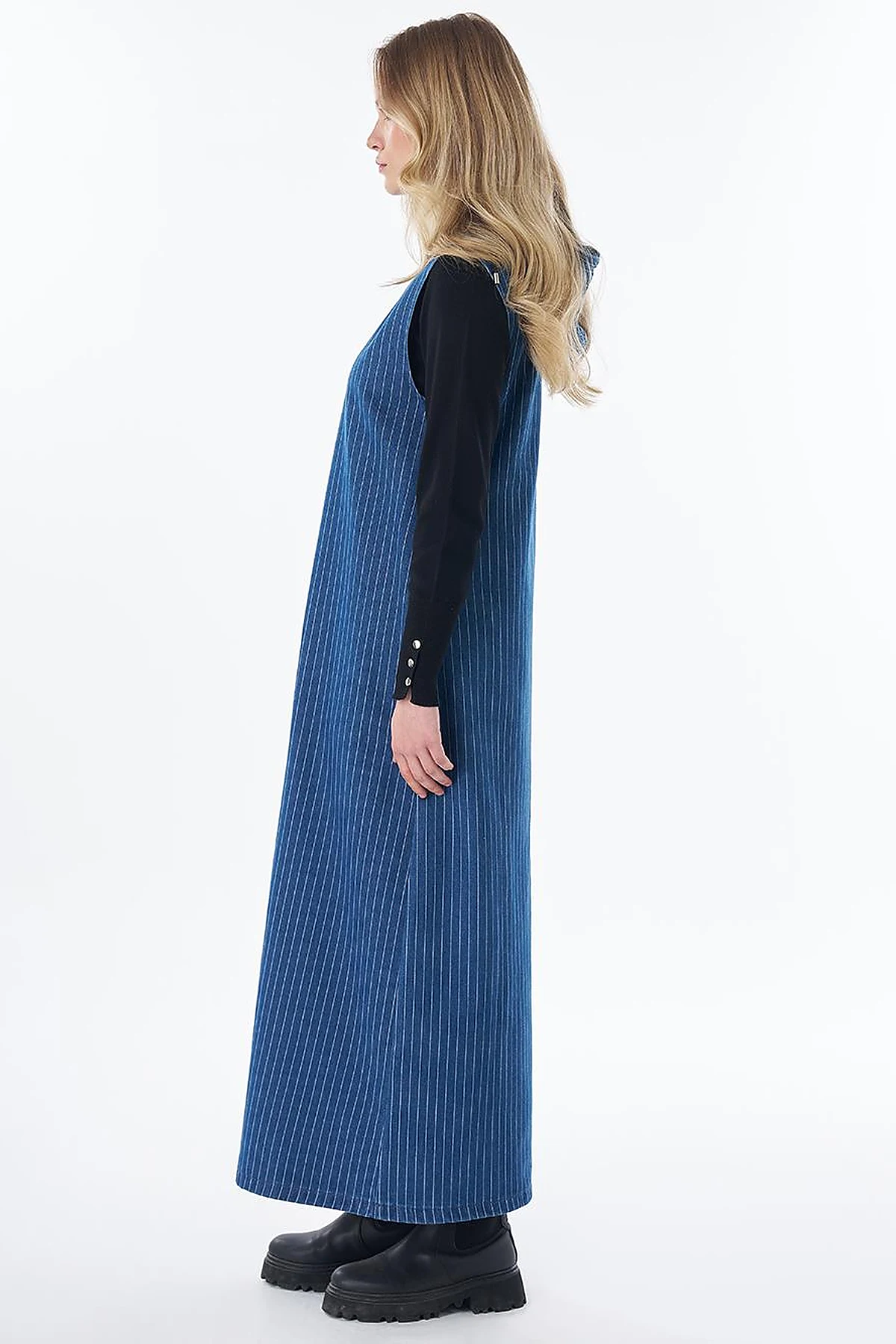 Zip-Front Striped Dress in Navy