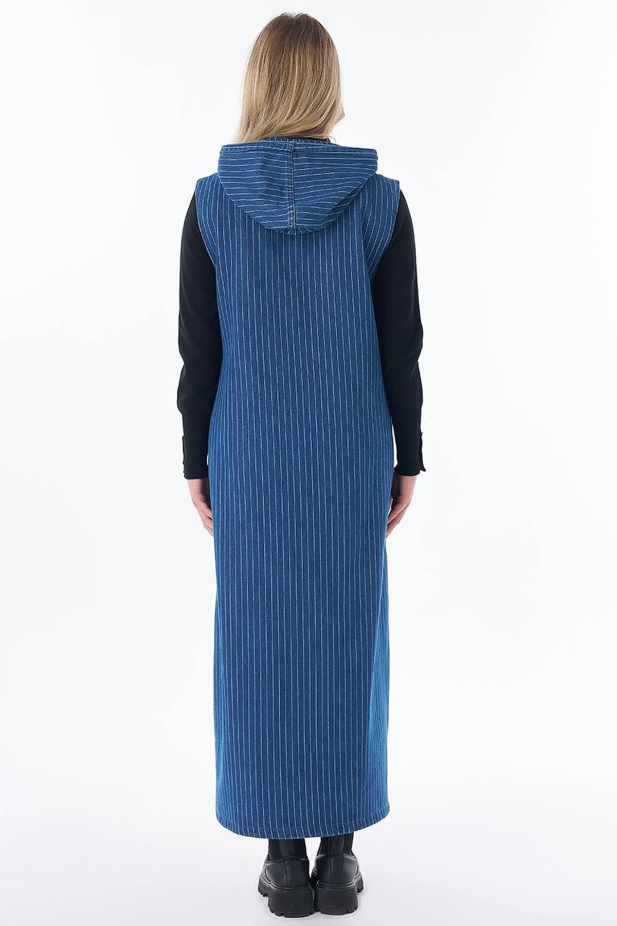 Zip-Front Striped Dress in Navy