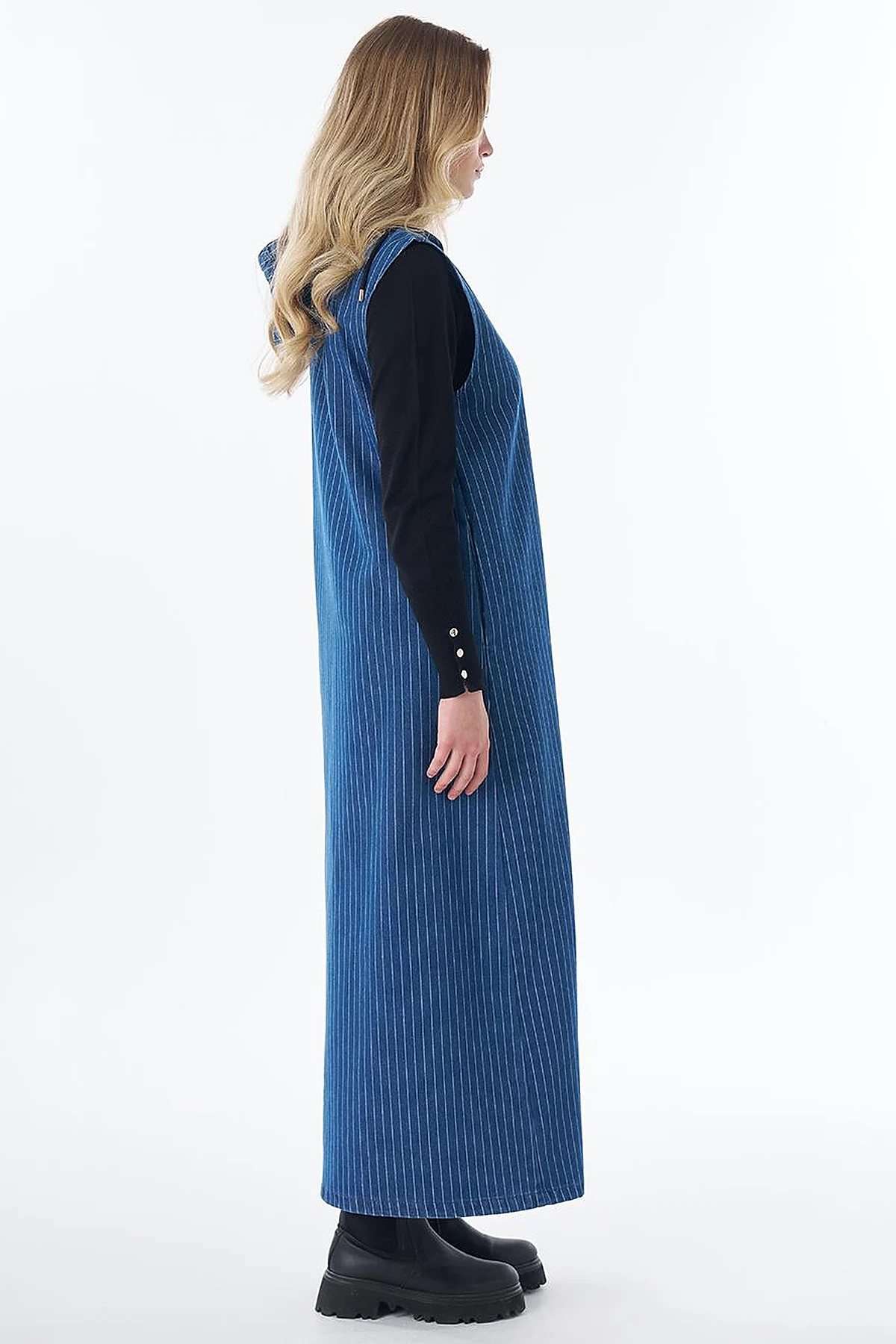 Zip-Front Striped Dress in Navy
