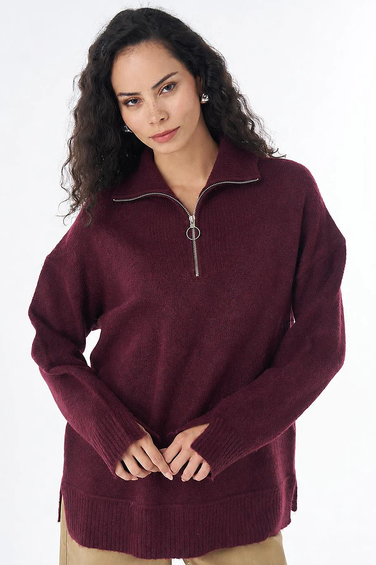 Zip-Neck Knit Sweater Burgundy