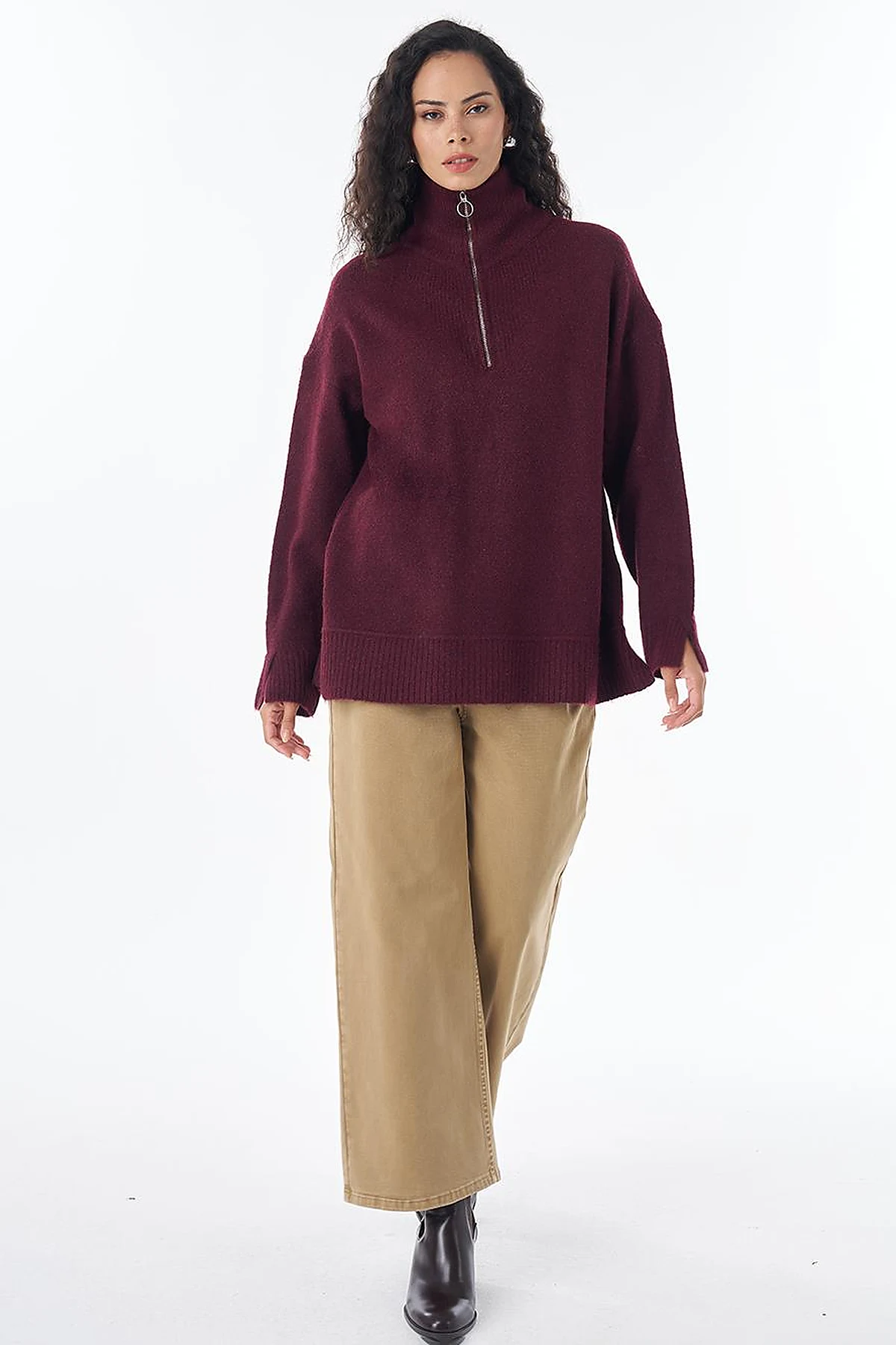 Zip-Neck Knit Sweater Burgundy