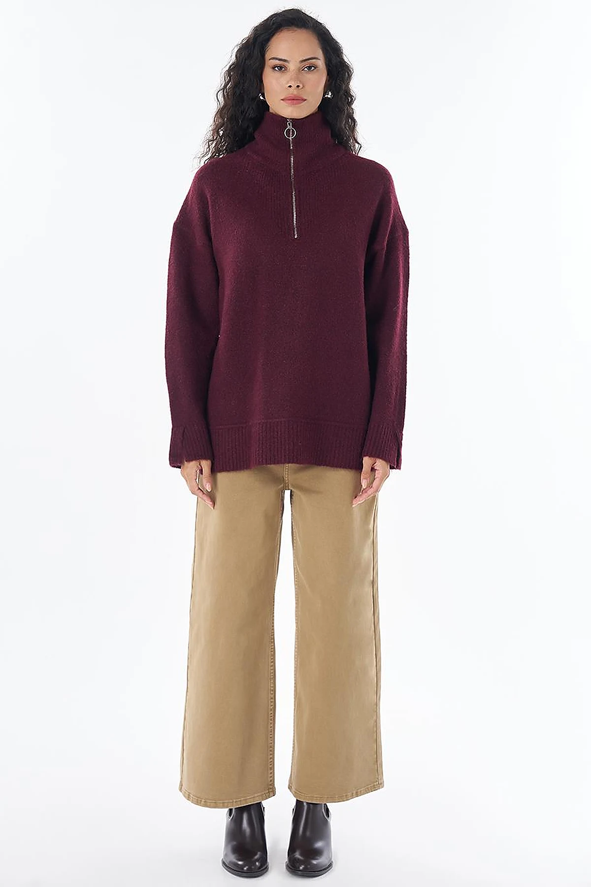 Zip-Neck Knit Sweater Burgundy
