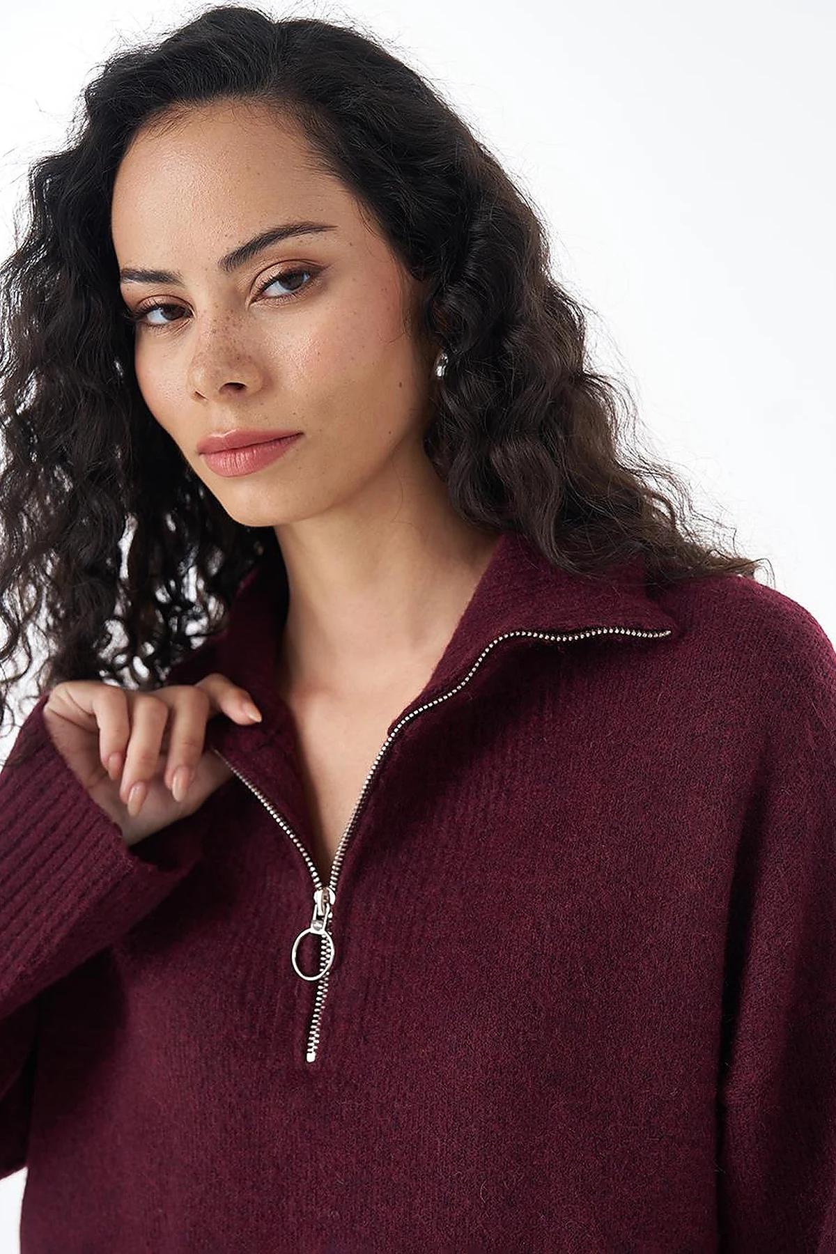 Zip-Neck Knit Sweater Burgundy