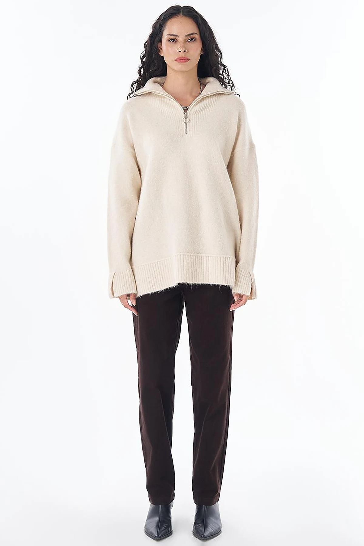 Zip-Neck Knit Sweater Cream