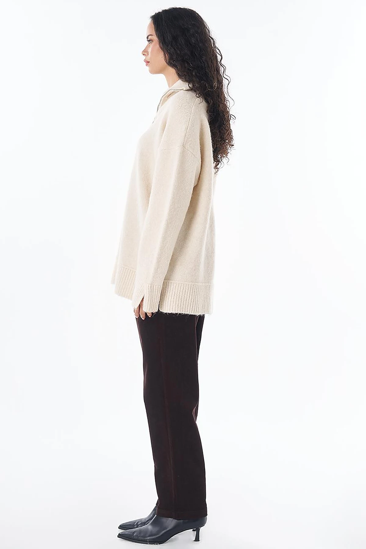 Zip-Neck Knit Sweater Cream