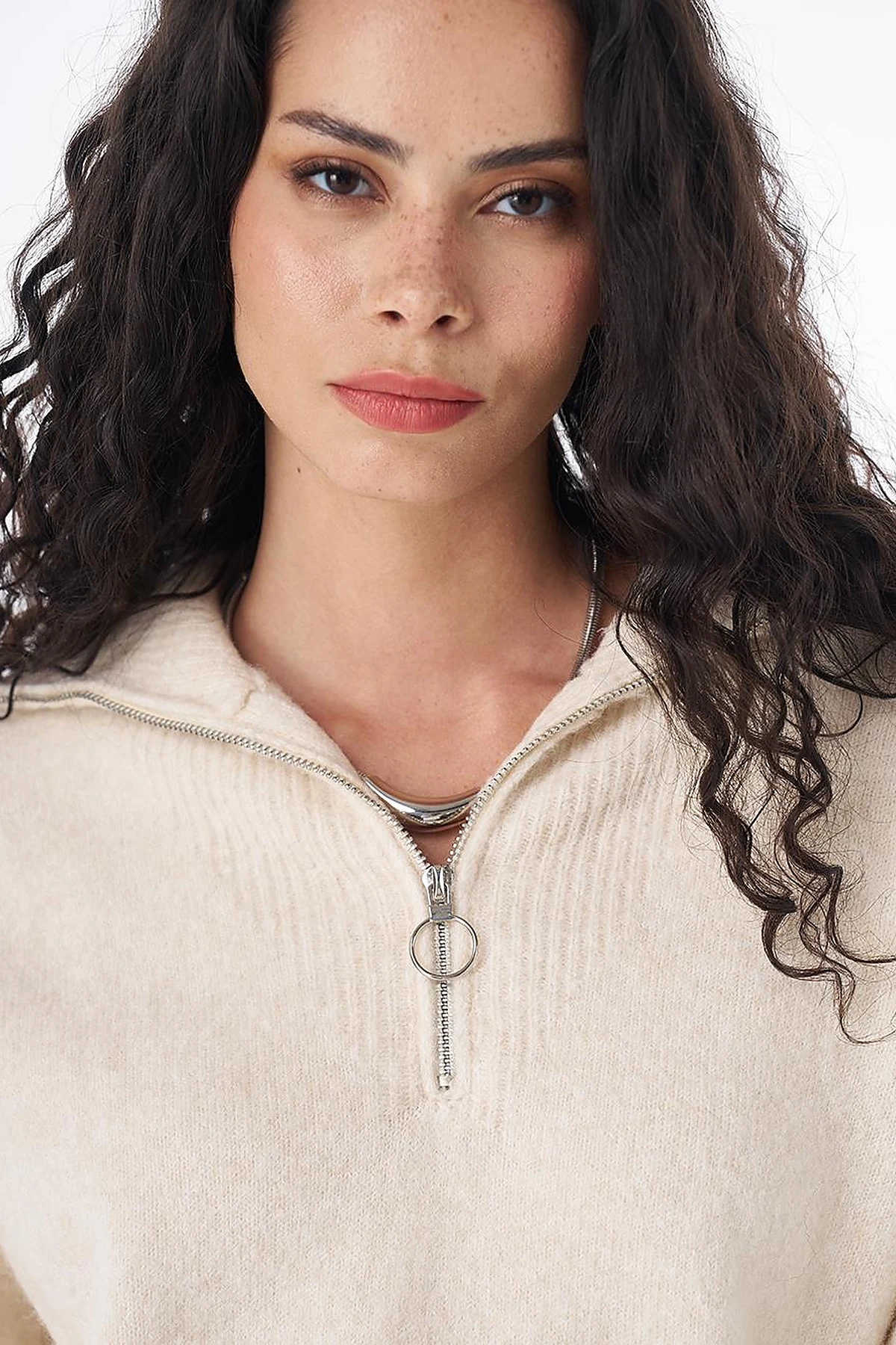 Zip-Neck Knit Sweater Cream