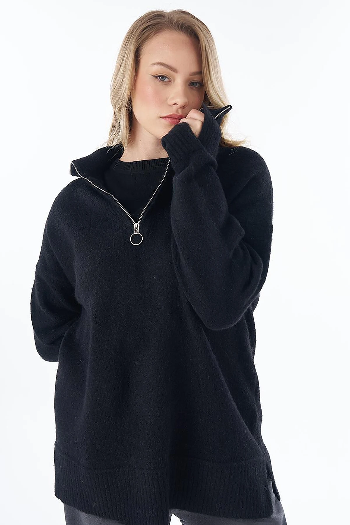 Zip-Neck Knit Sweater Black