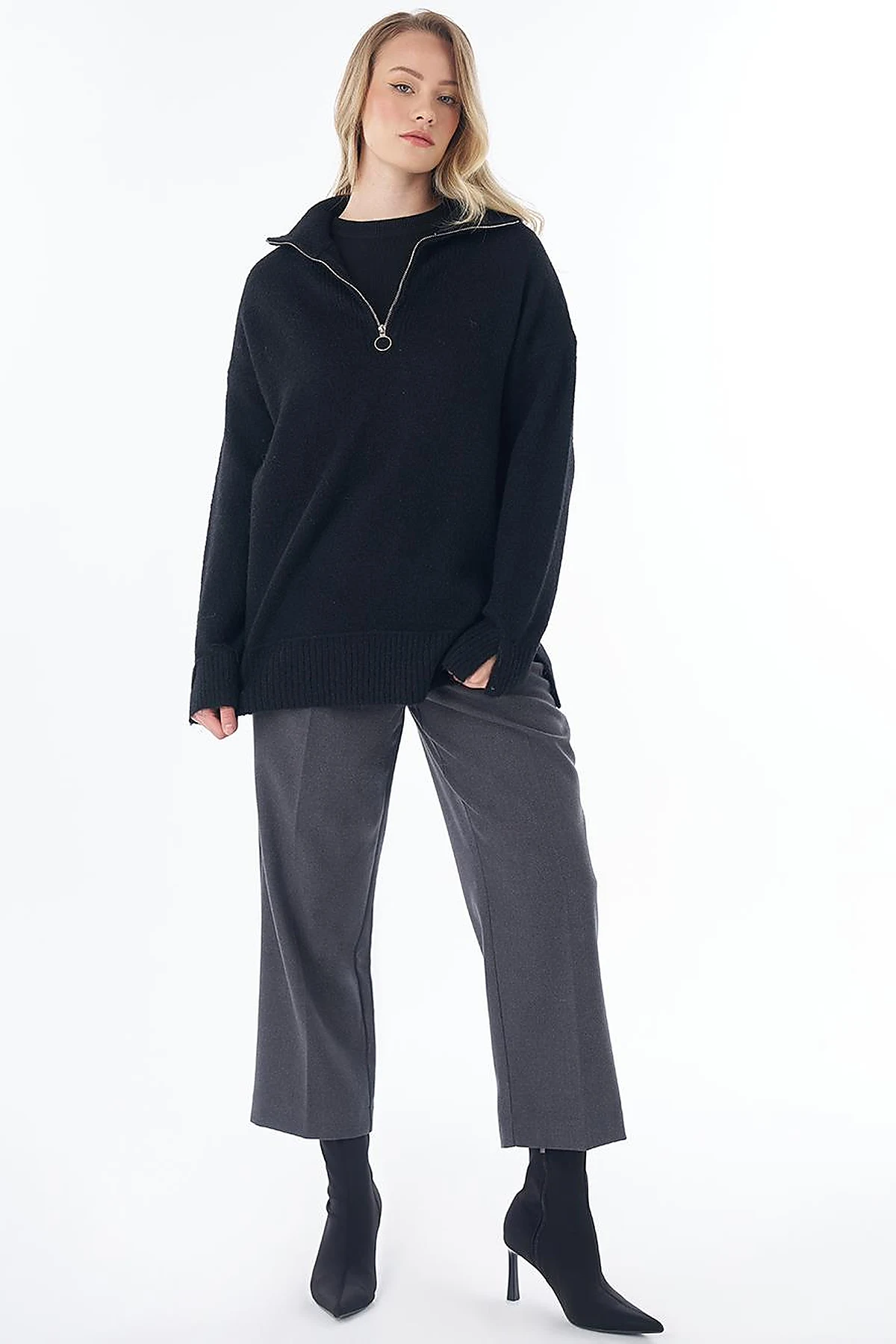 Zip-Neck Knit Sweater Black
