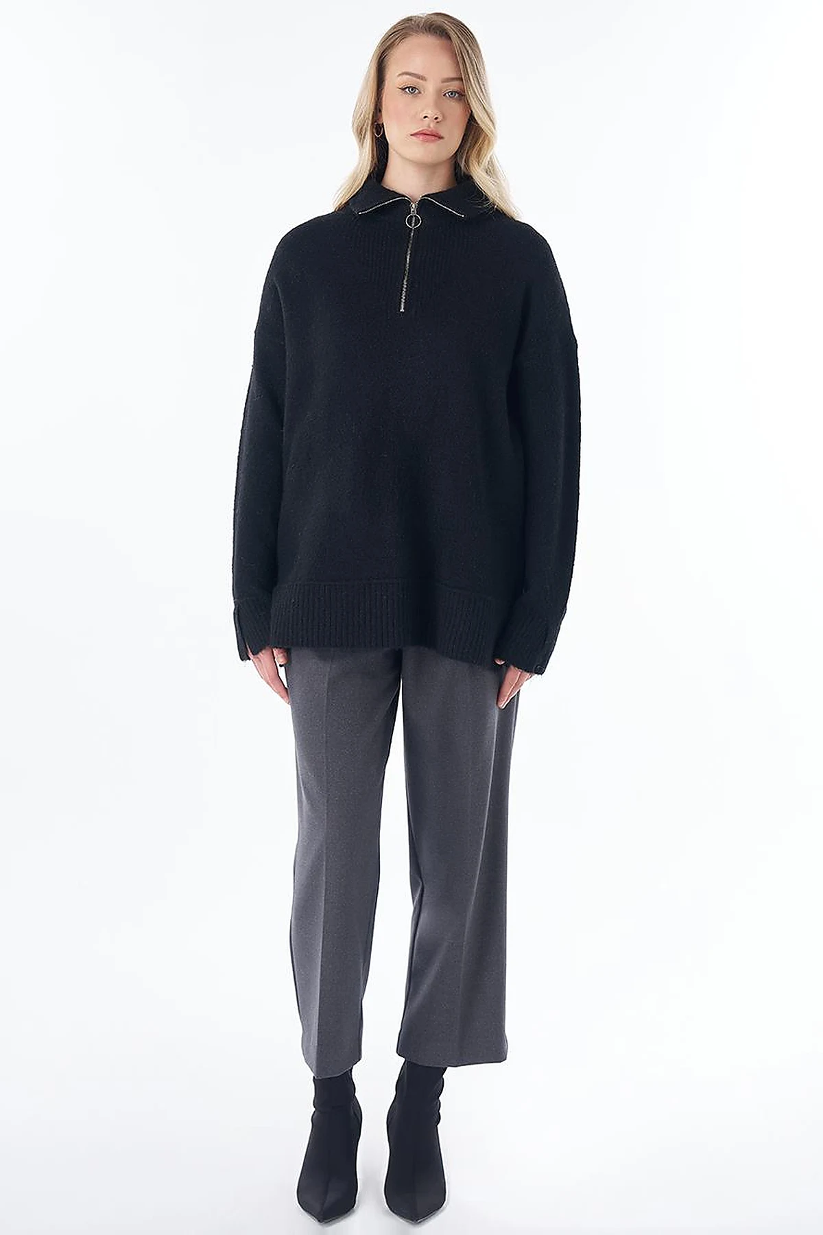 Zip-Neck Knit Sweater Black