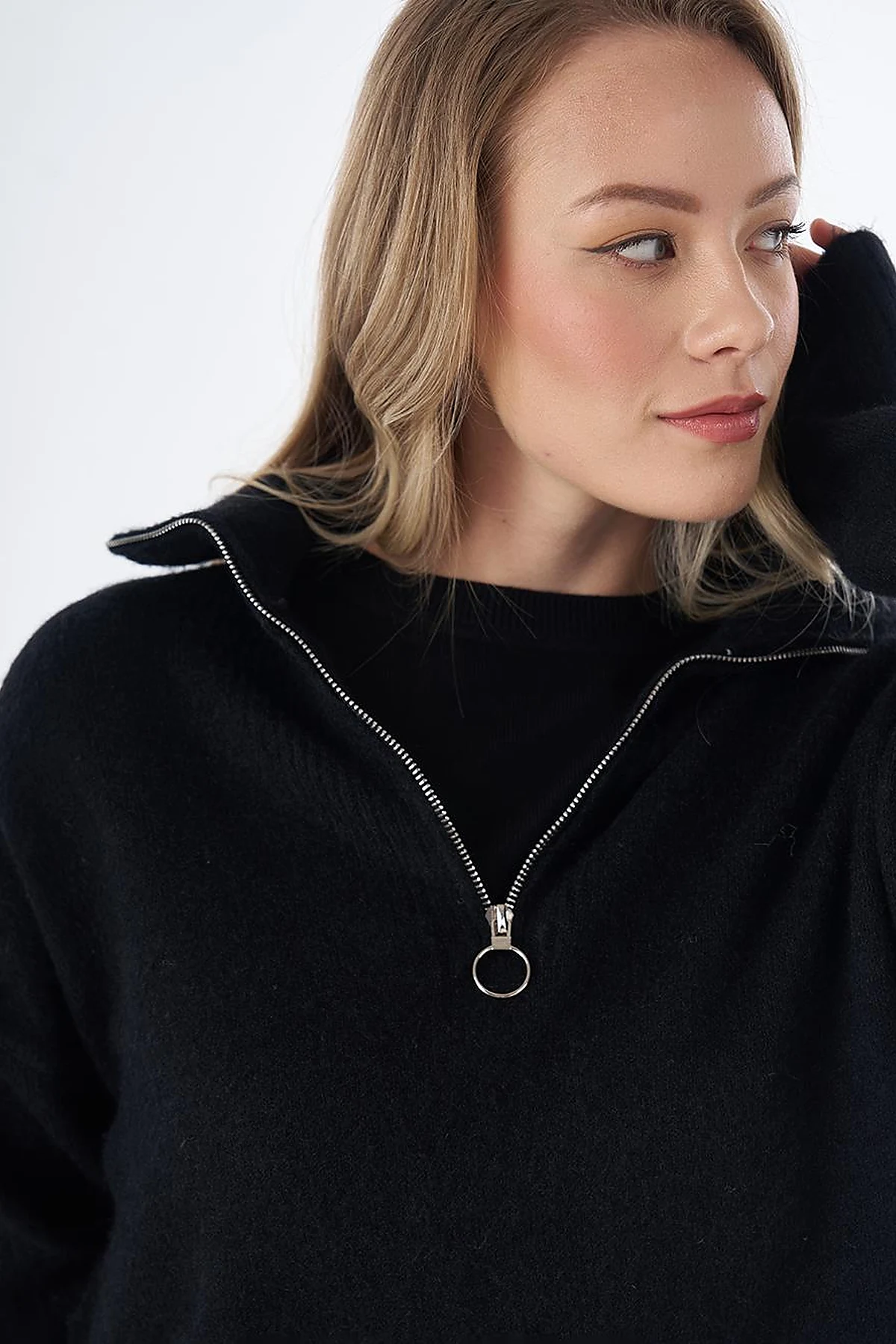 Zip-Neck Knit Sweater Black