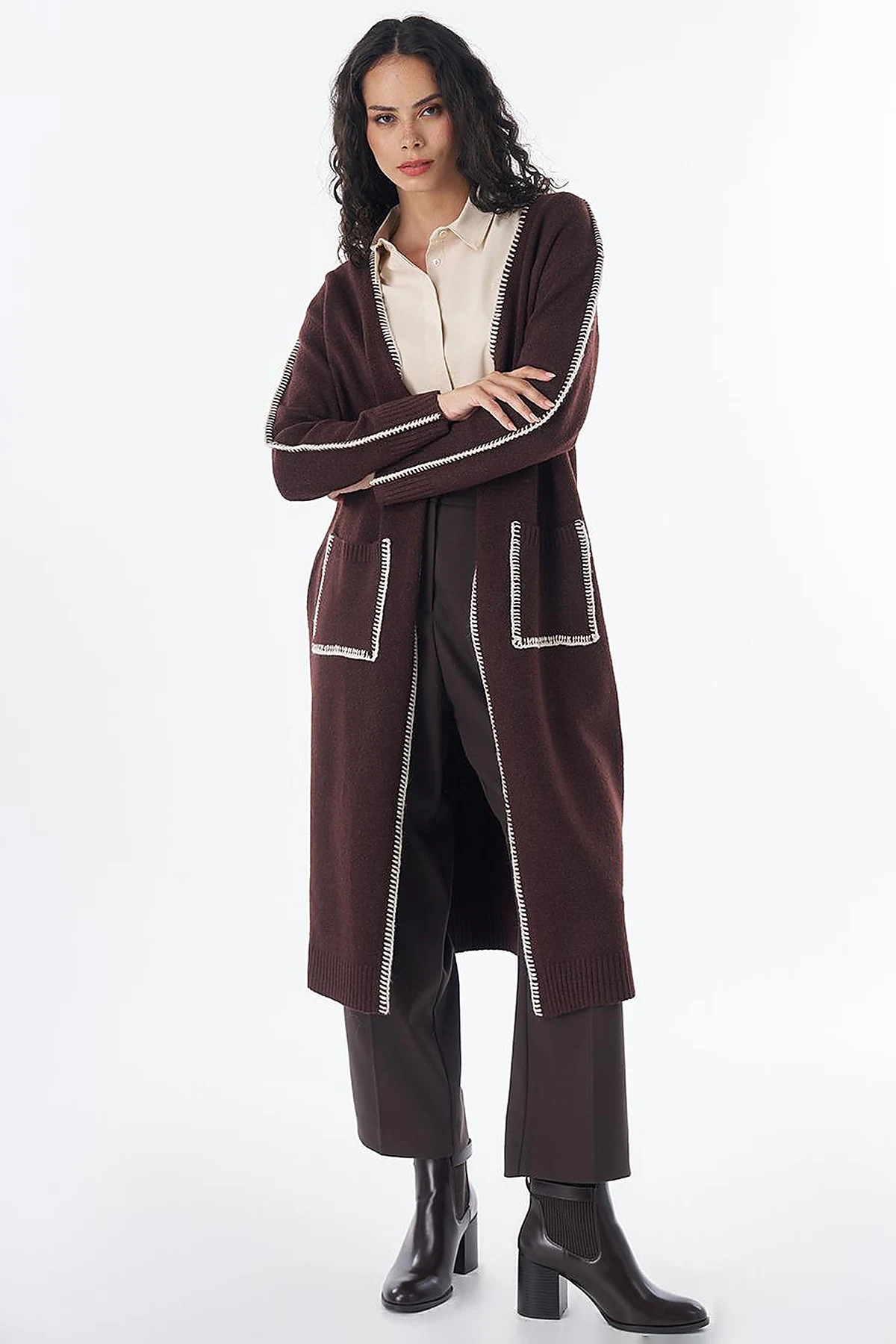 Contrast Stitch Knit Cardigan - Brown