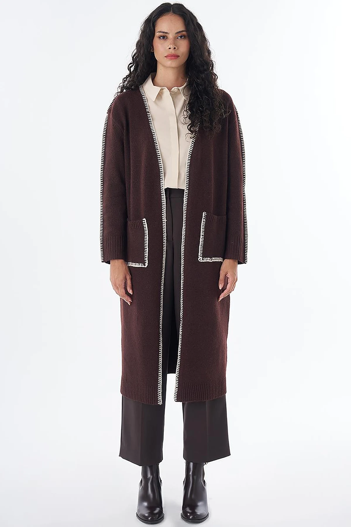 Contrast Stitch Knit Cardigan - Brown