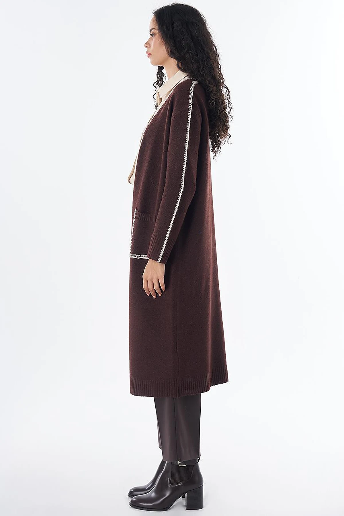Contrast Stitch Knit Cardigan - Brown