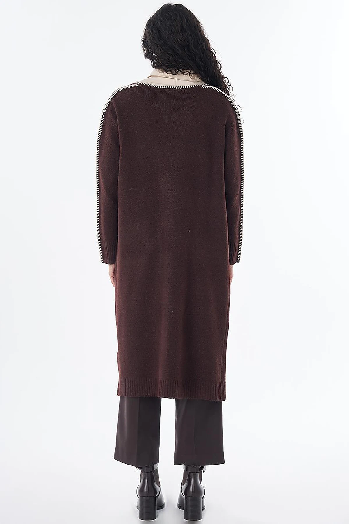 Contrast Stitch Knit Cardigan - Brown